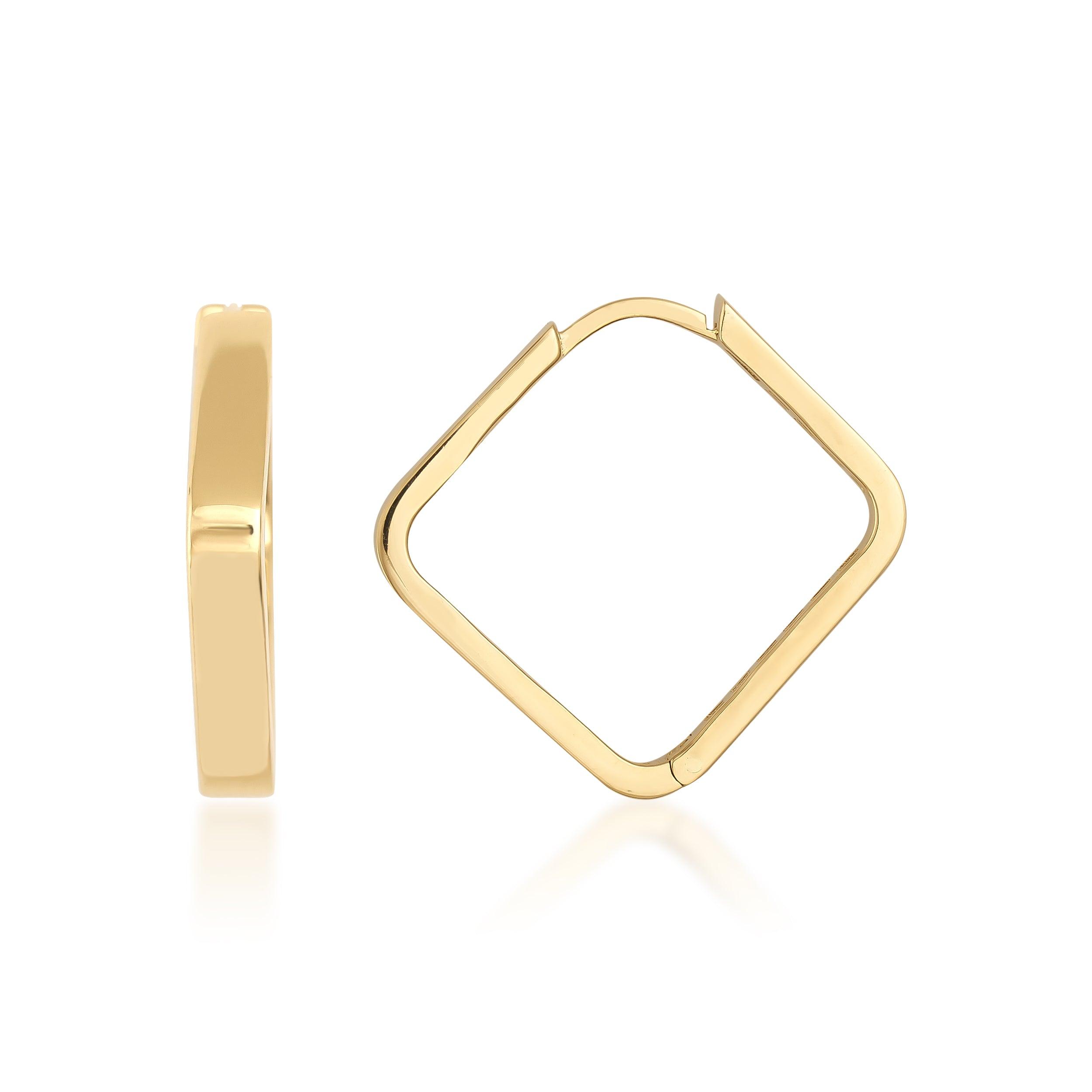 Square-shaped gold hoop earrings with a minimalist design on a white background