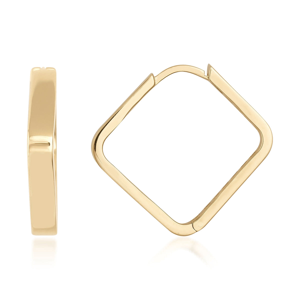 Square-shaped 14K gold hoop earrings with a minimalist design on a white background