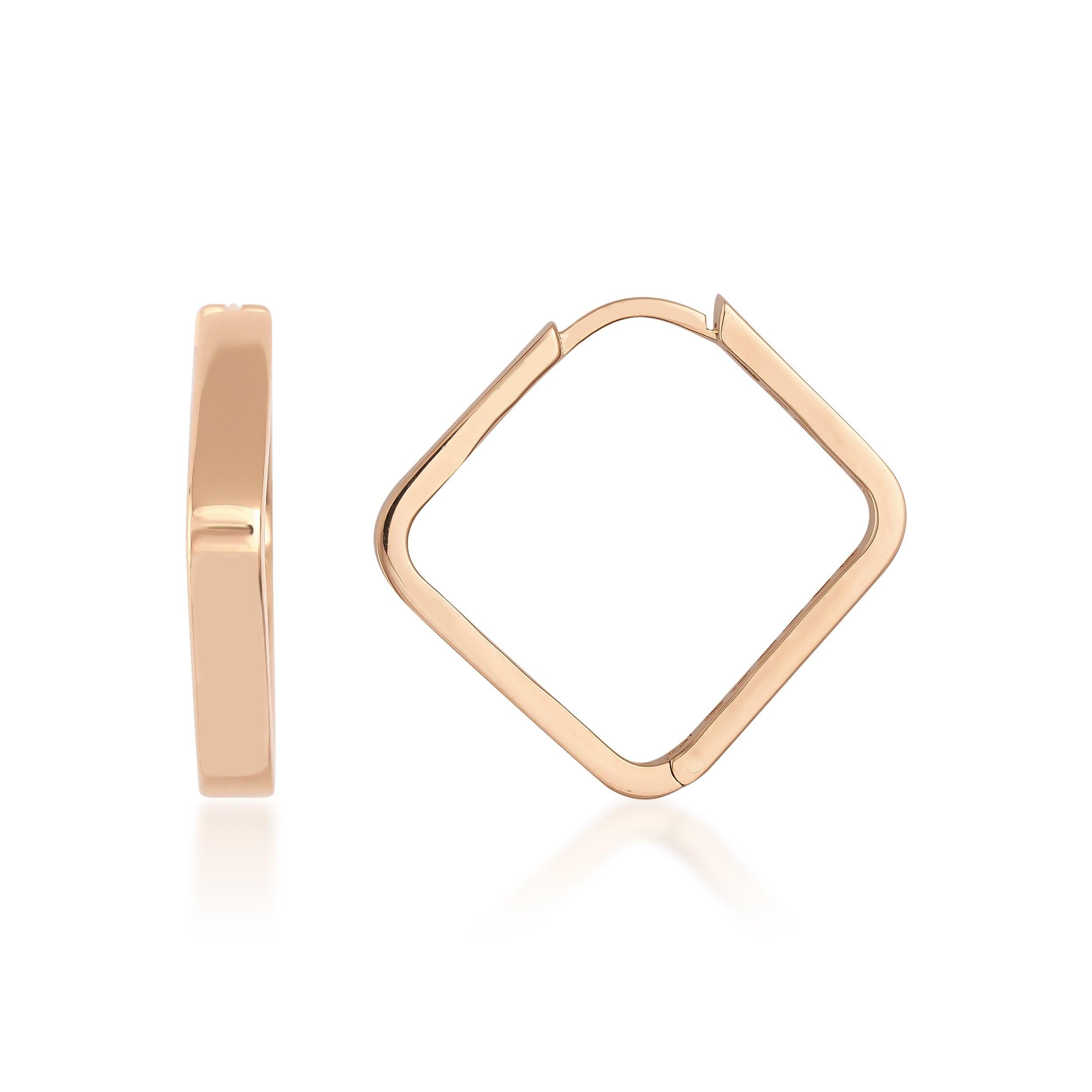 Square-shaped gold hoop earrings with polished finish on white background