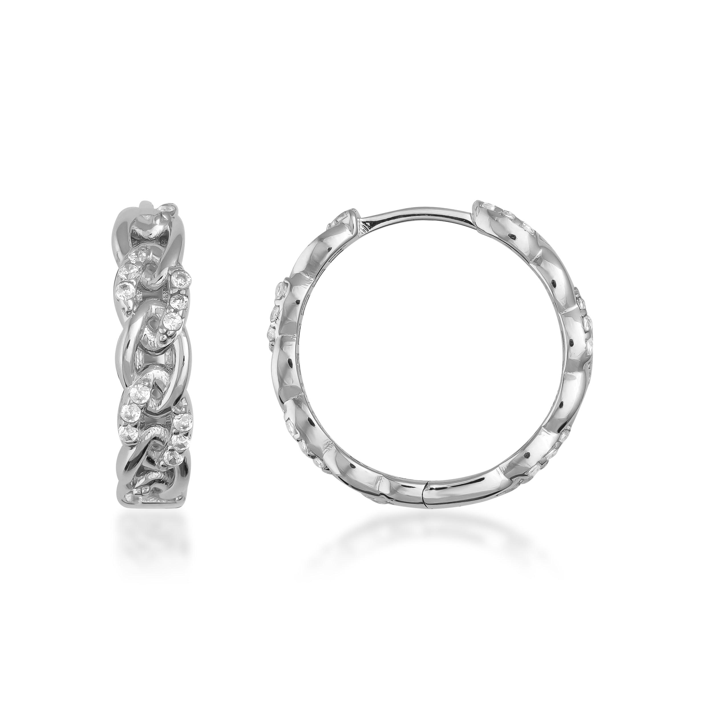 Silver hoop earrings with chain link design and sparkling stones on white background
