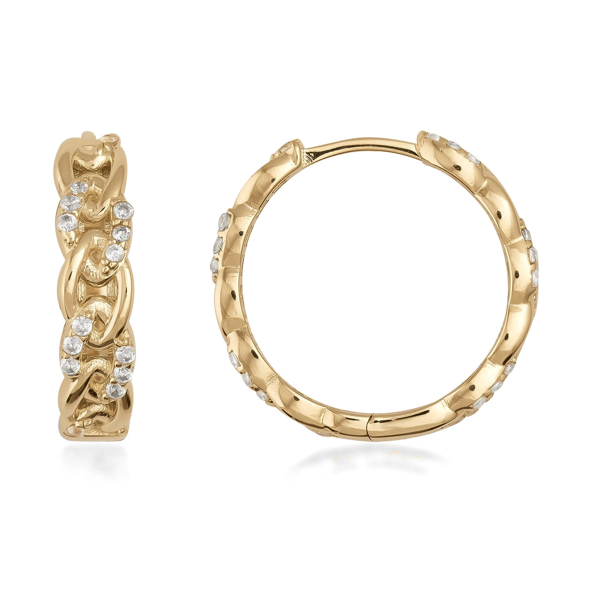 14K gold hoop earrings with chain design and small round clear stones on white background