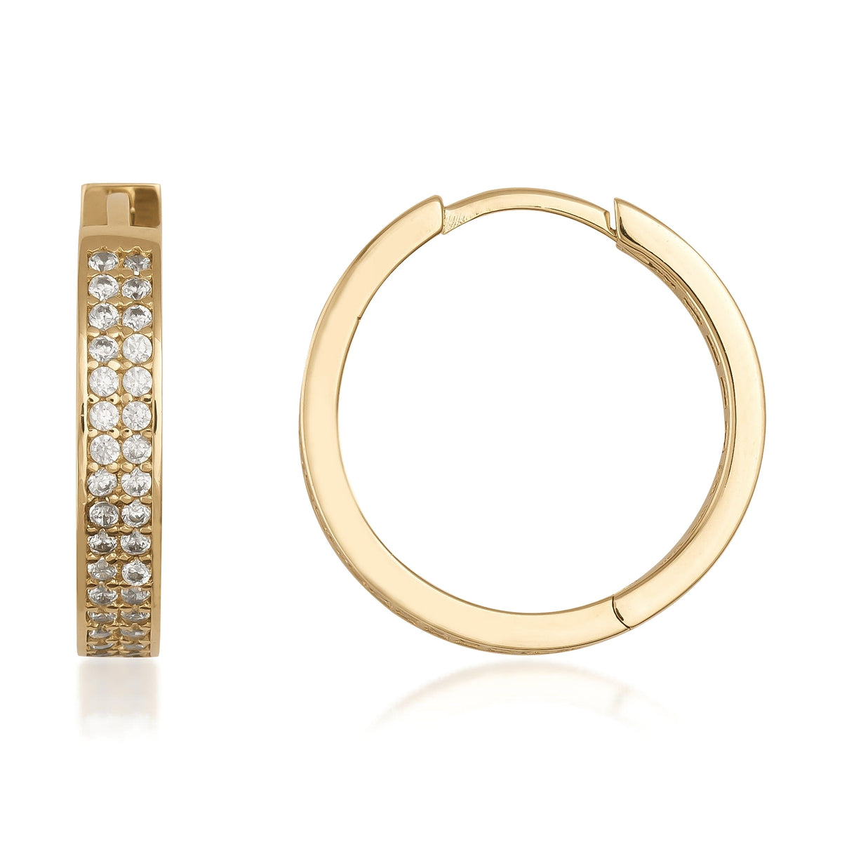 14K gold hoop earrings with pavé set round white stones, modern minimalist jewelry design