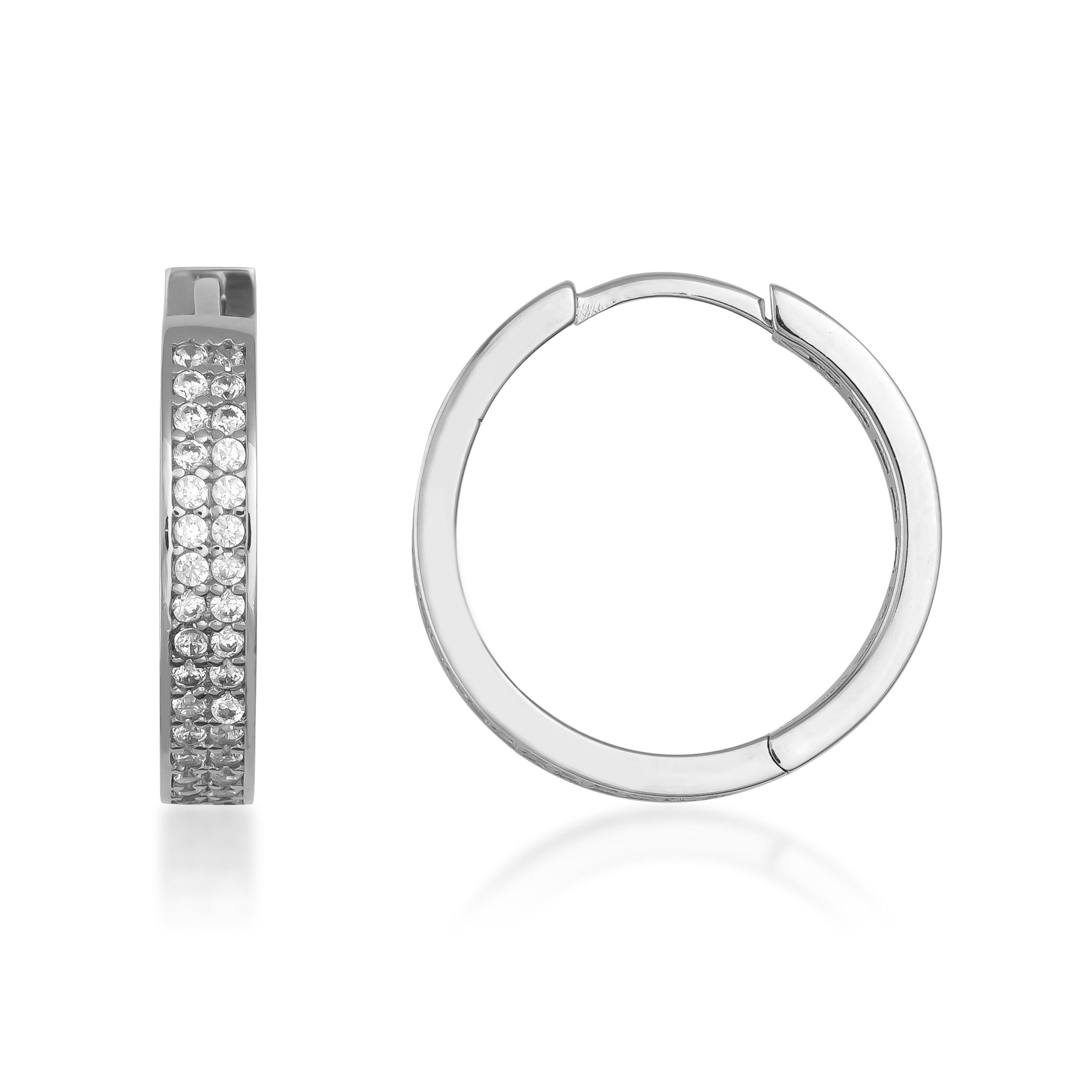 White gold hoop earrings with pavé set cubic zirconia, minimalist modern jewelry