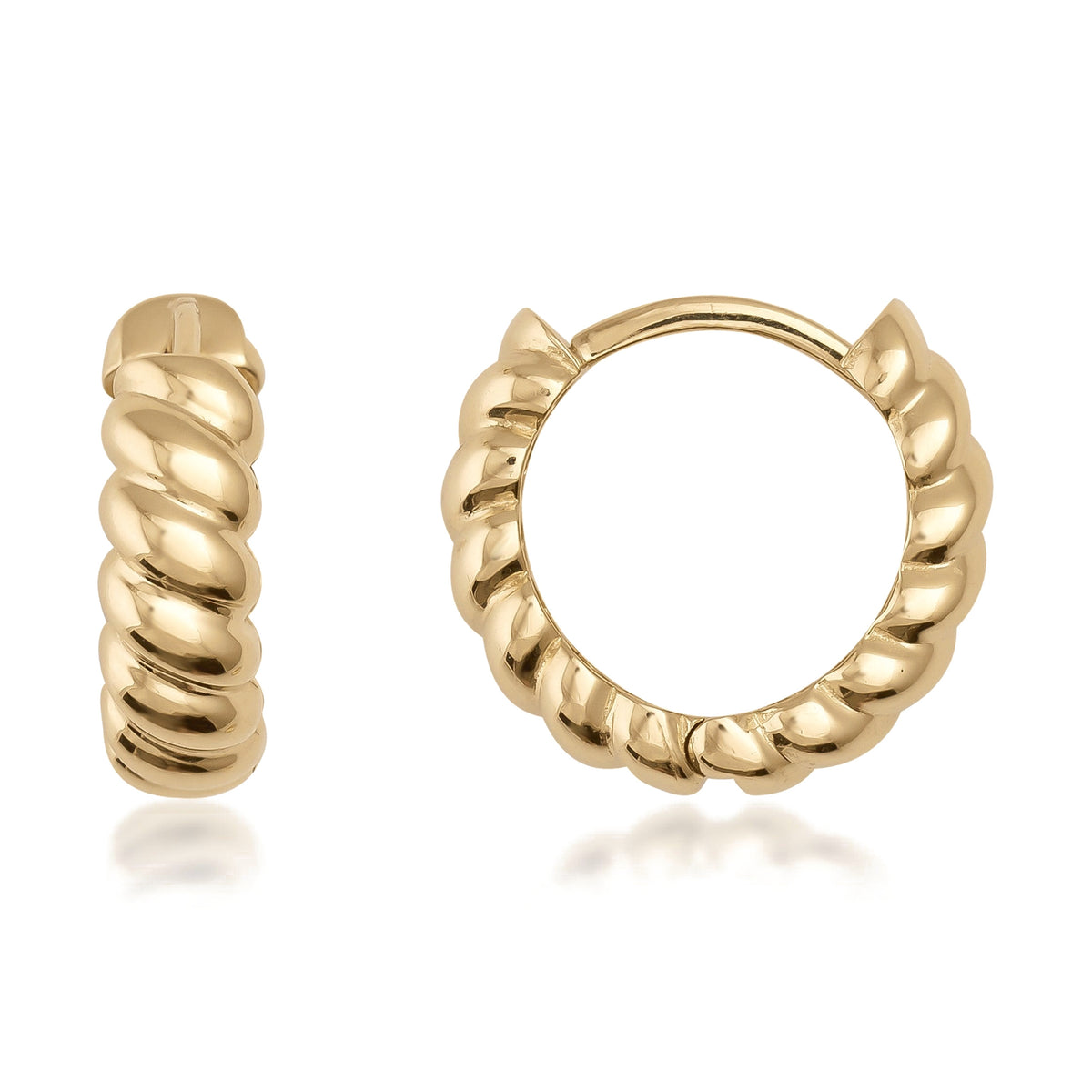 Chunky twisted 14K gold hoop earrings with a polished, ridged design on a white background.