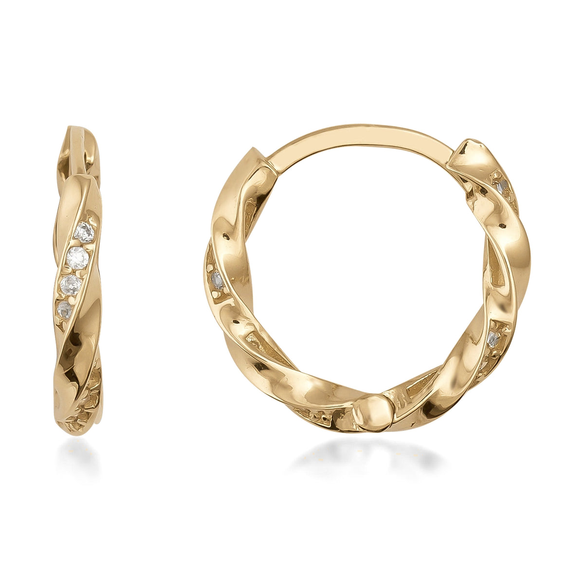 Twisted 14K gold hoop earrings with small embedded clear stones on white background