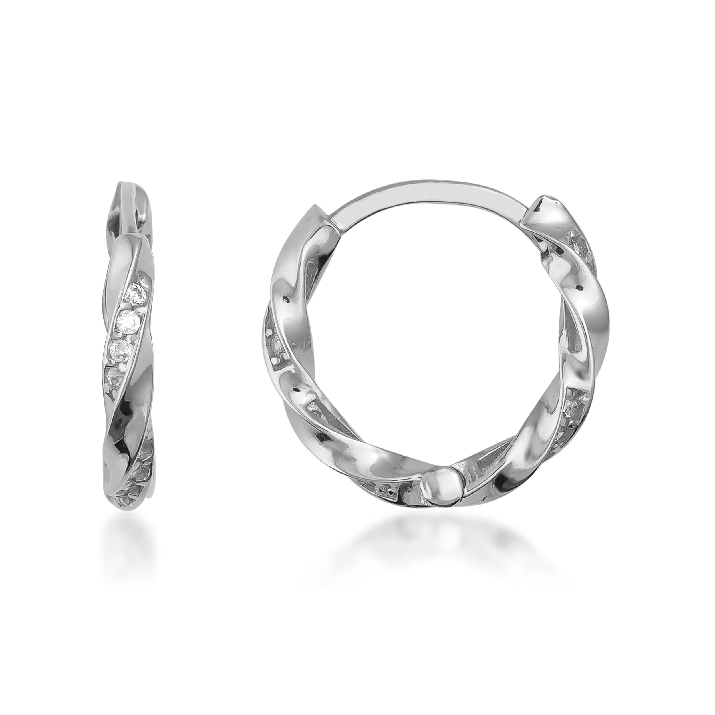 White gold twisted hoop earrings with small embedded gemstones, displayed on white background