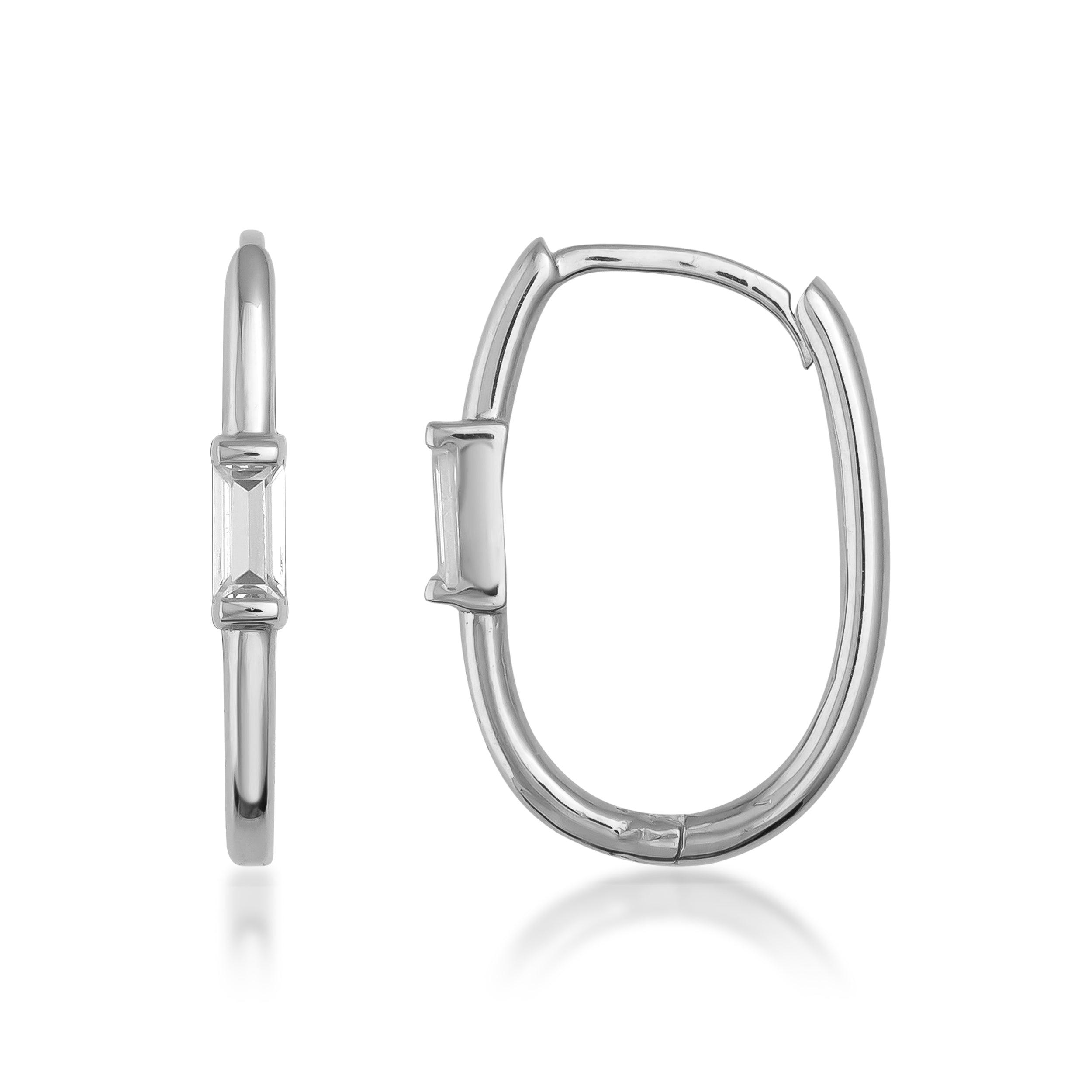 White gold hoop earrings with rectangular clear gemstone accents, minimalist design