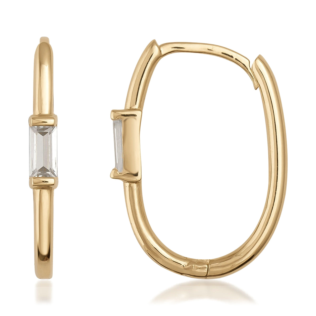 14K gold hoop earrings with rectangular clear cubic zirconia, minimalist jewelry on white background
