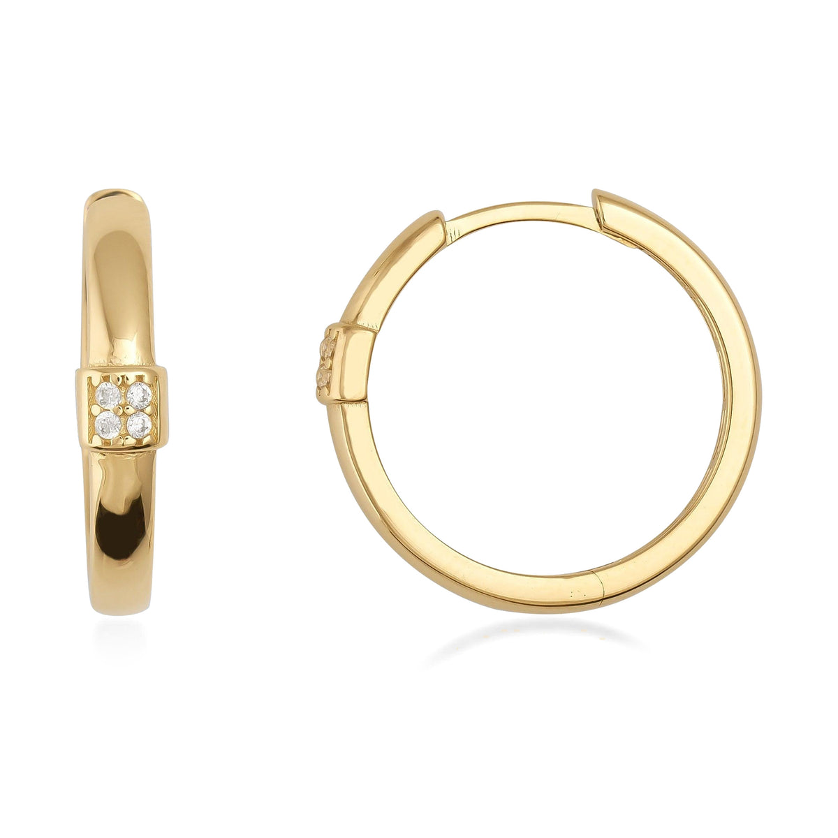 14K gold hoop earrings with cubic zirconia accents on a white background