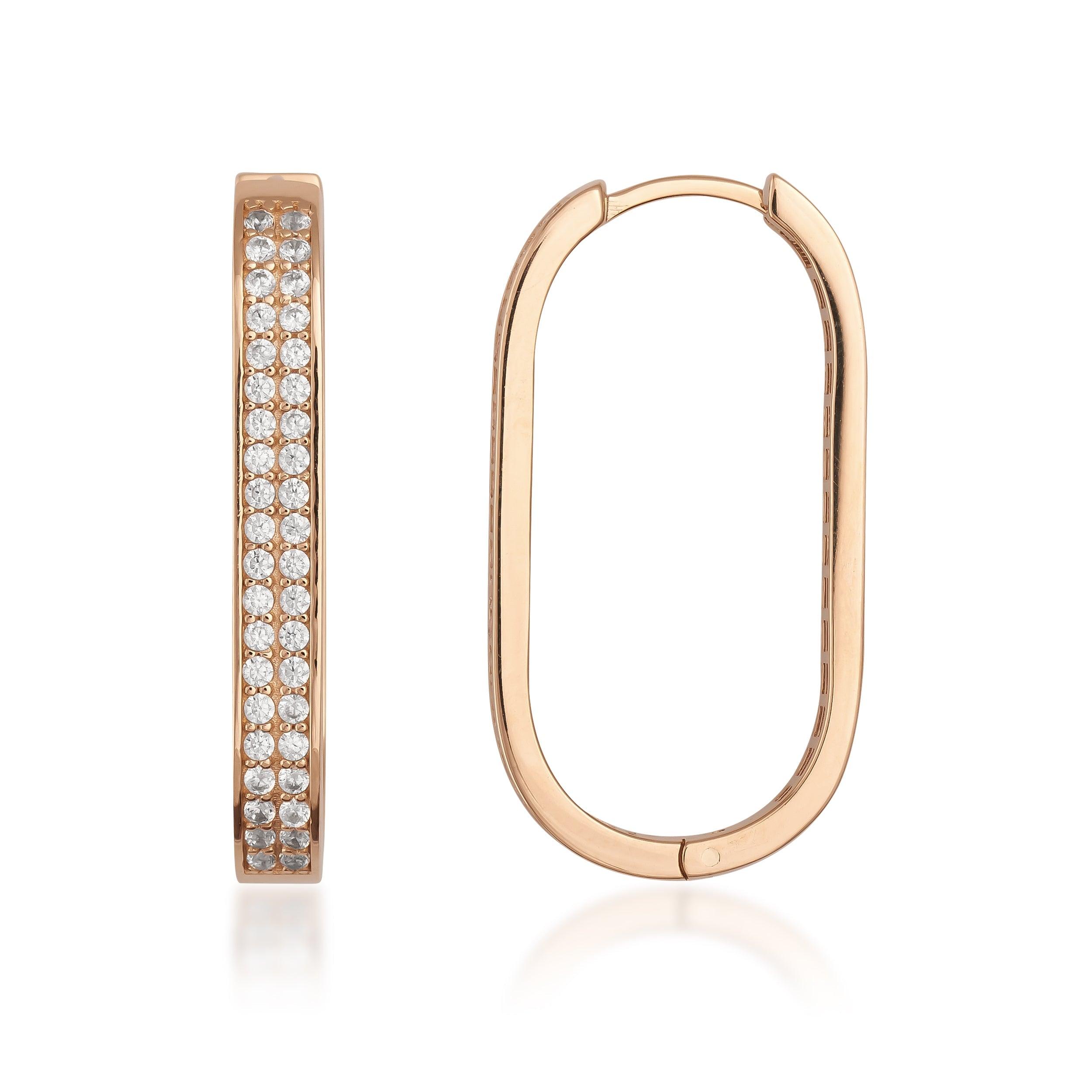 Rose gold rectangular hoop earrings with pavé set clear stones, minimalist jewelry