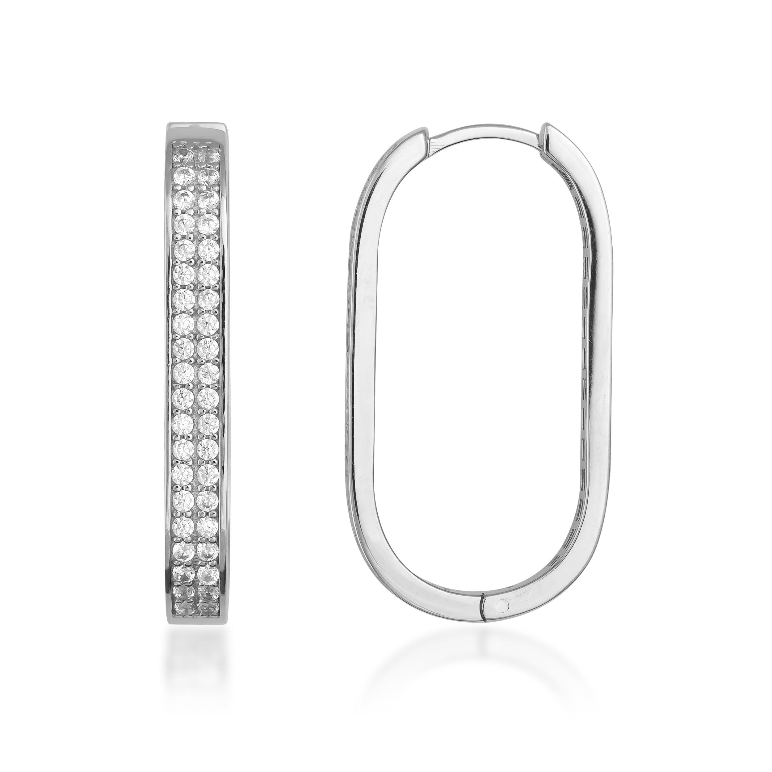 Rectangular white gold hoop earrings with three rows of pavé set round diamonds