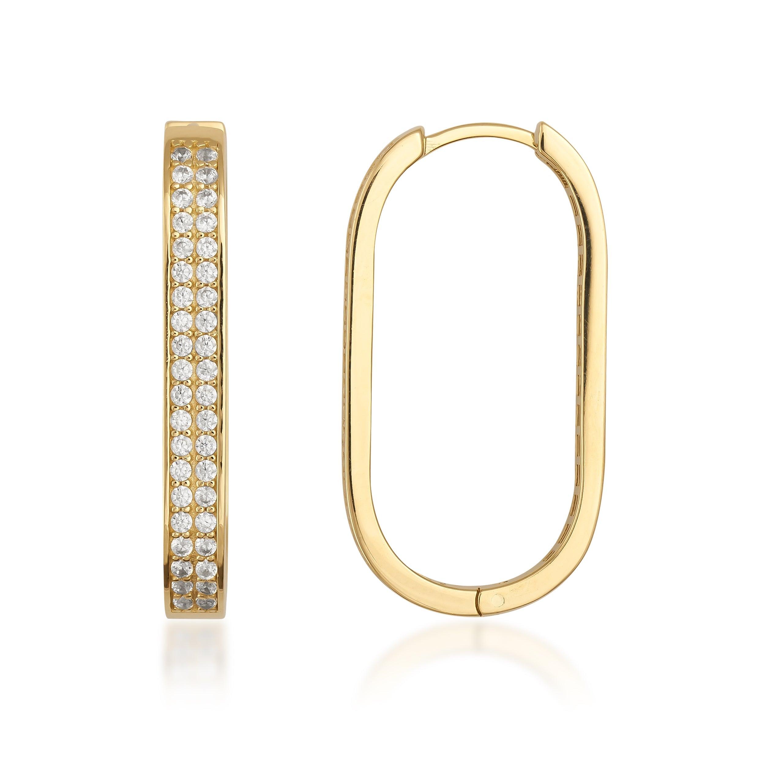 Rectangular gold hoop earrings with pavé set clear stones, modern minimalist design