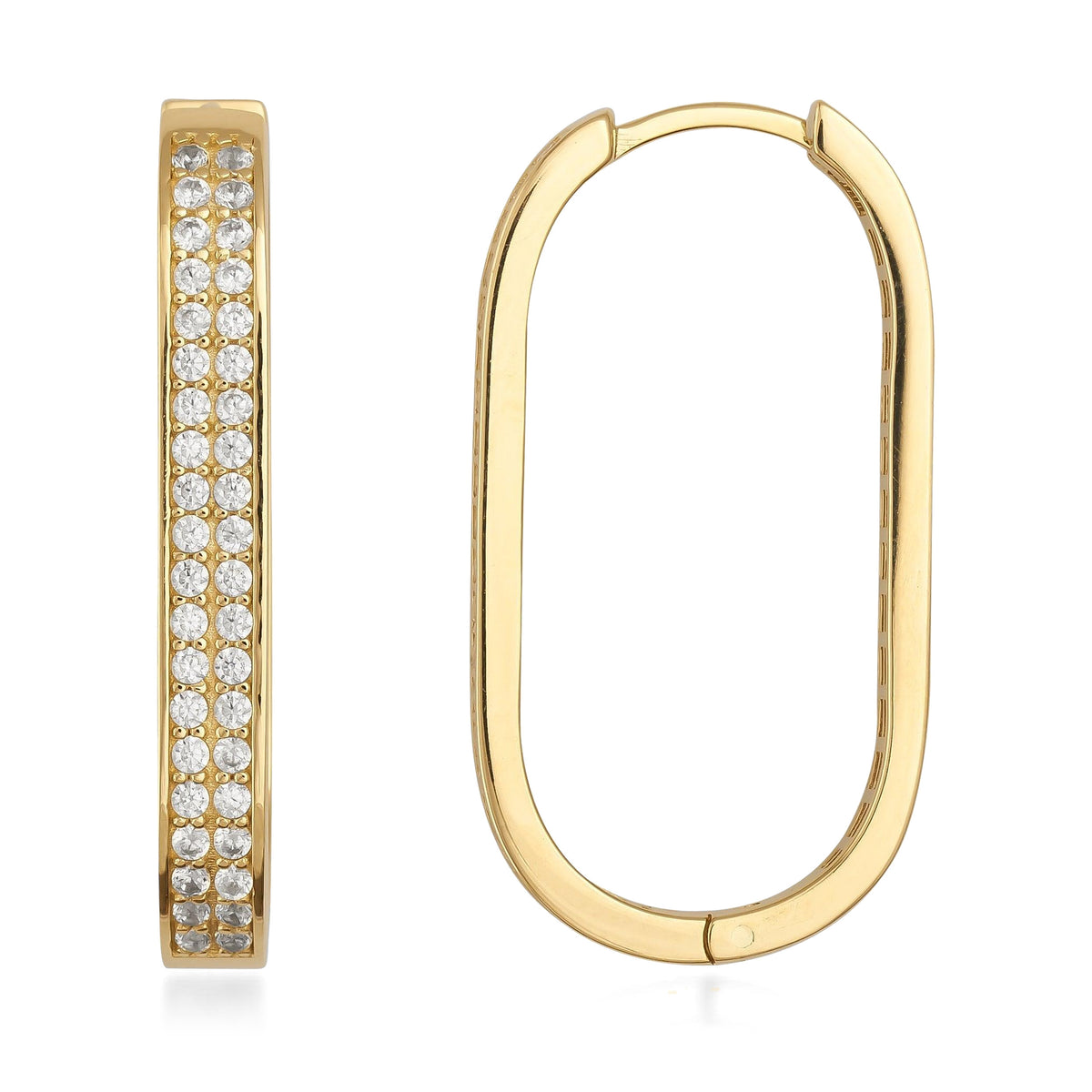 Rectangular 14K gold hoop earrings with pavé set clear stones, modern minimalist design