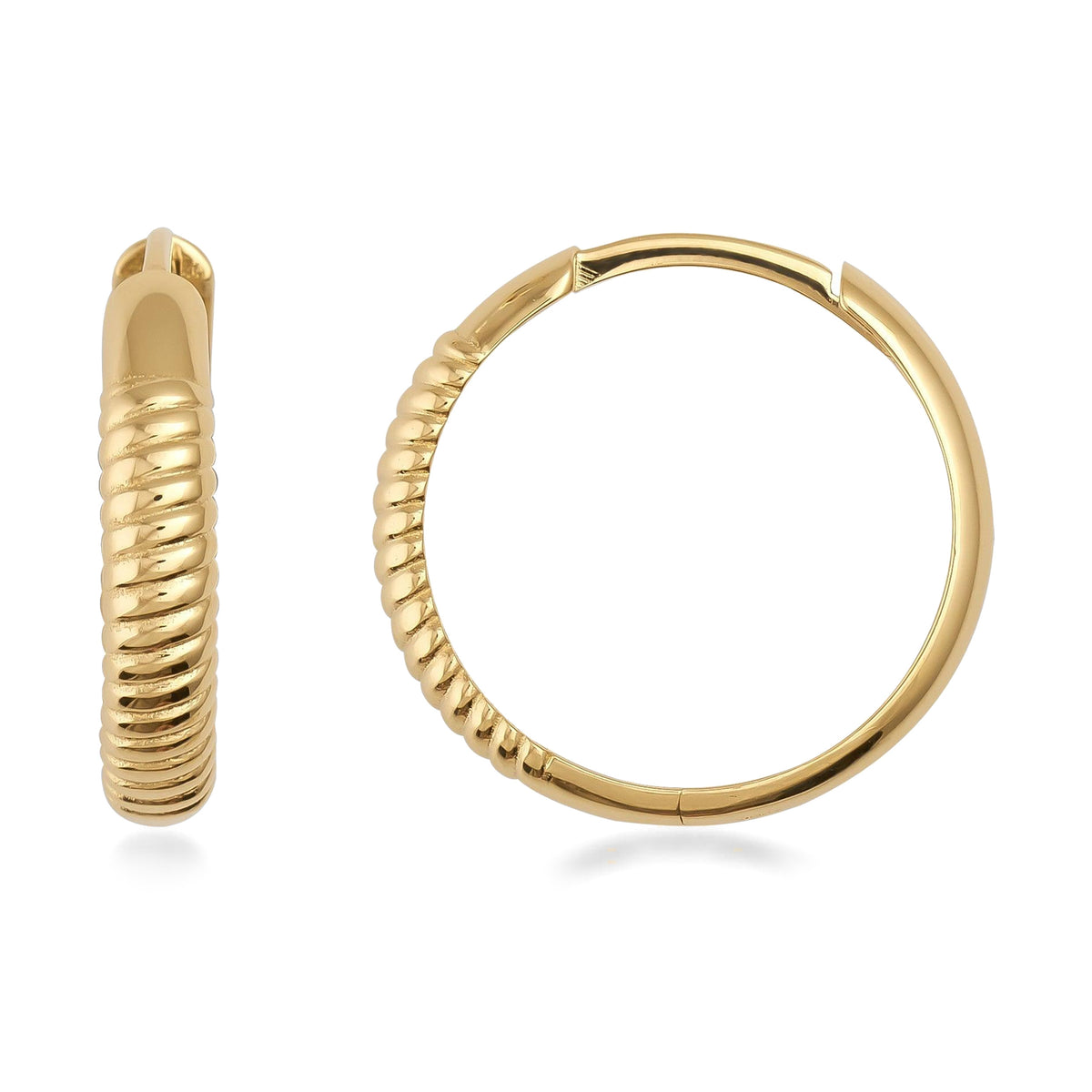 14K yellow gold thin twisted hoop earrings, spiral rope texture on the front half, front and side view on white
