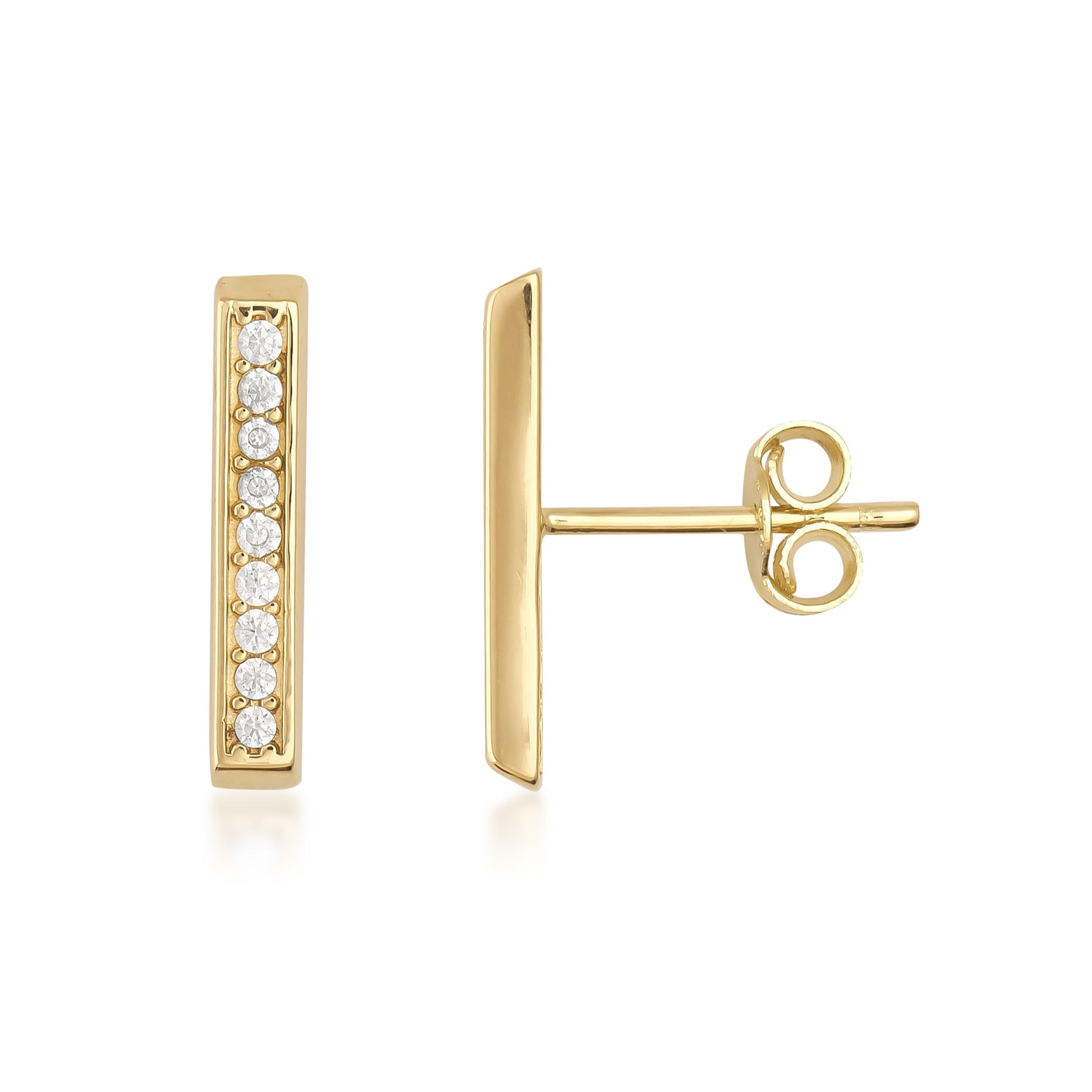 Gold bar stud earrings with row of small round diamonds, minimalist jewelry design
