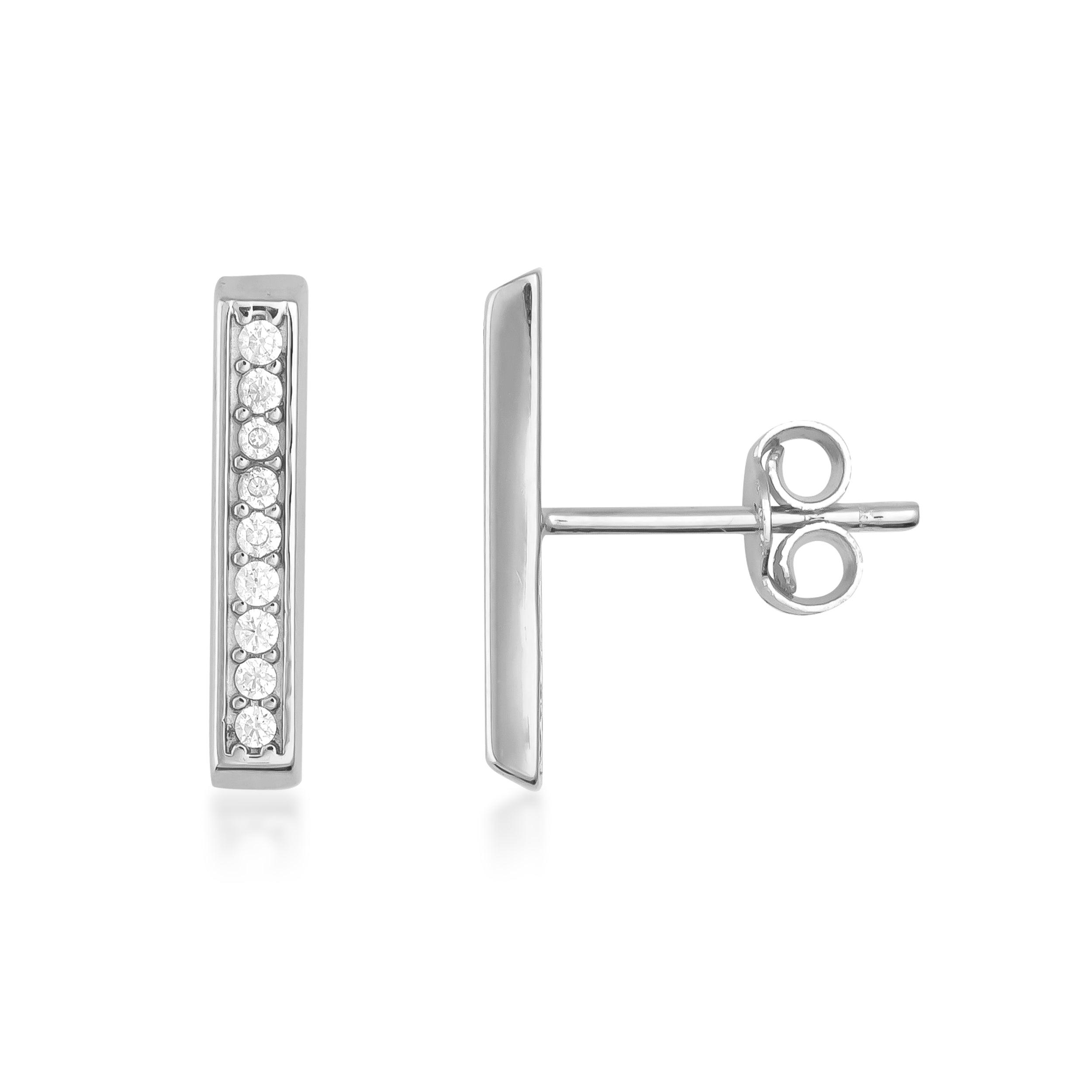 White gold bar stud earrings with channel-set round diamonds, minimalist jewelry design