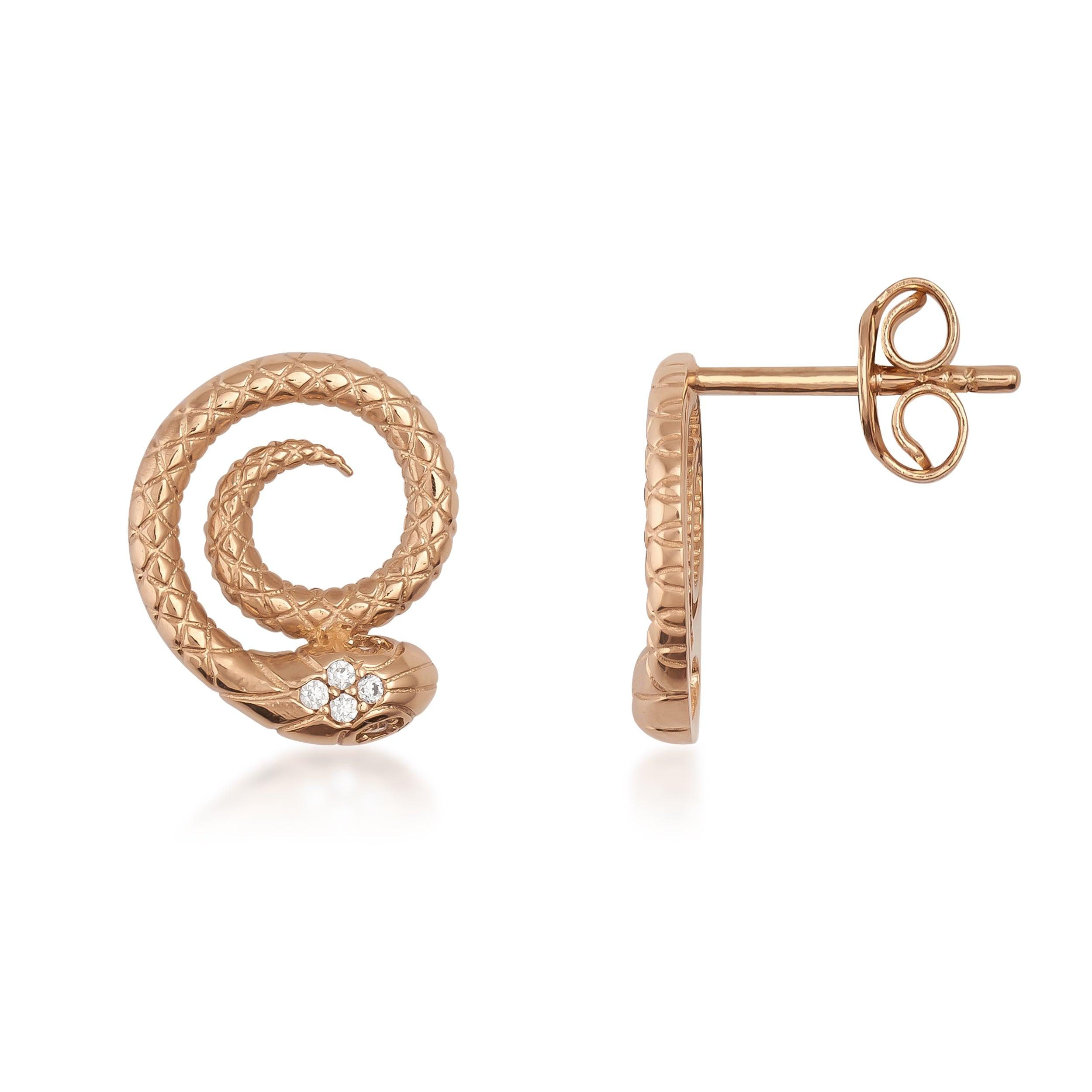 Gold snake stud earrings with diamond accents and textured scales, close-up view