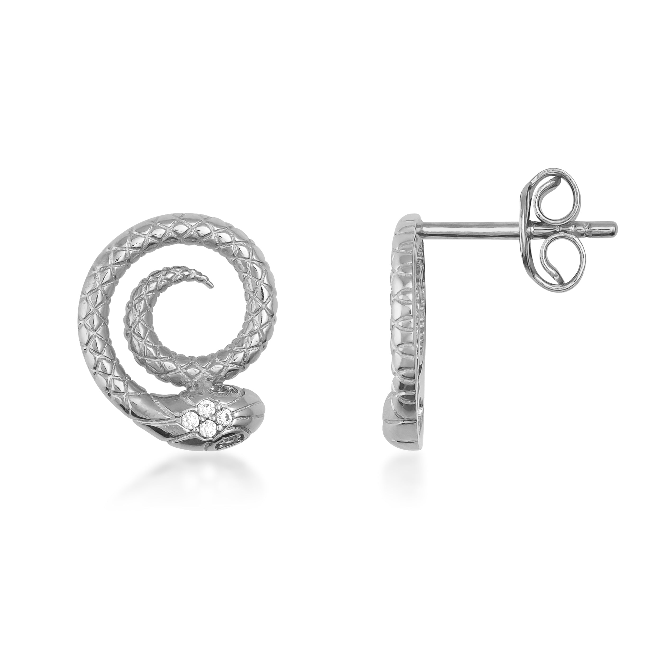 Silver snake-shaped earrings on a white background