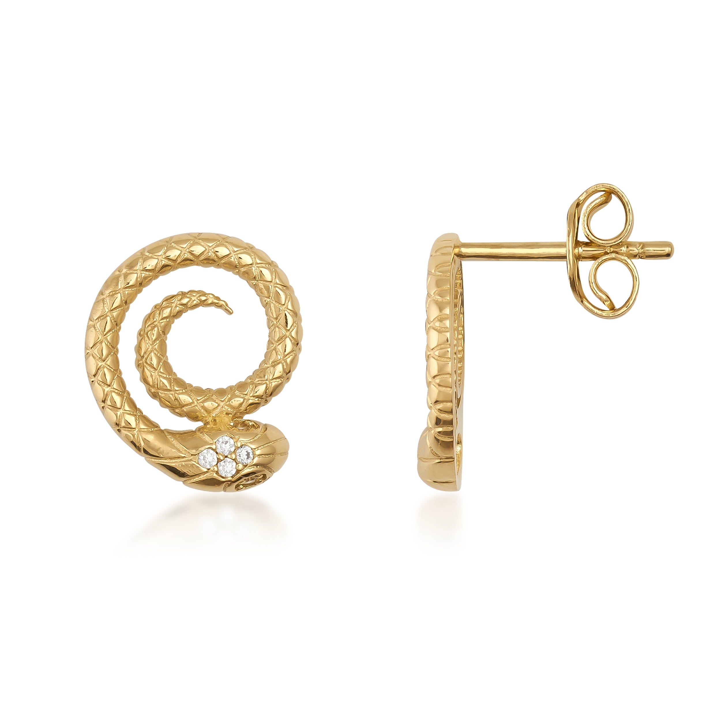 Gold snake-shaped earrings on a white background