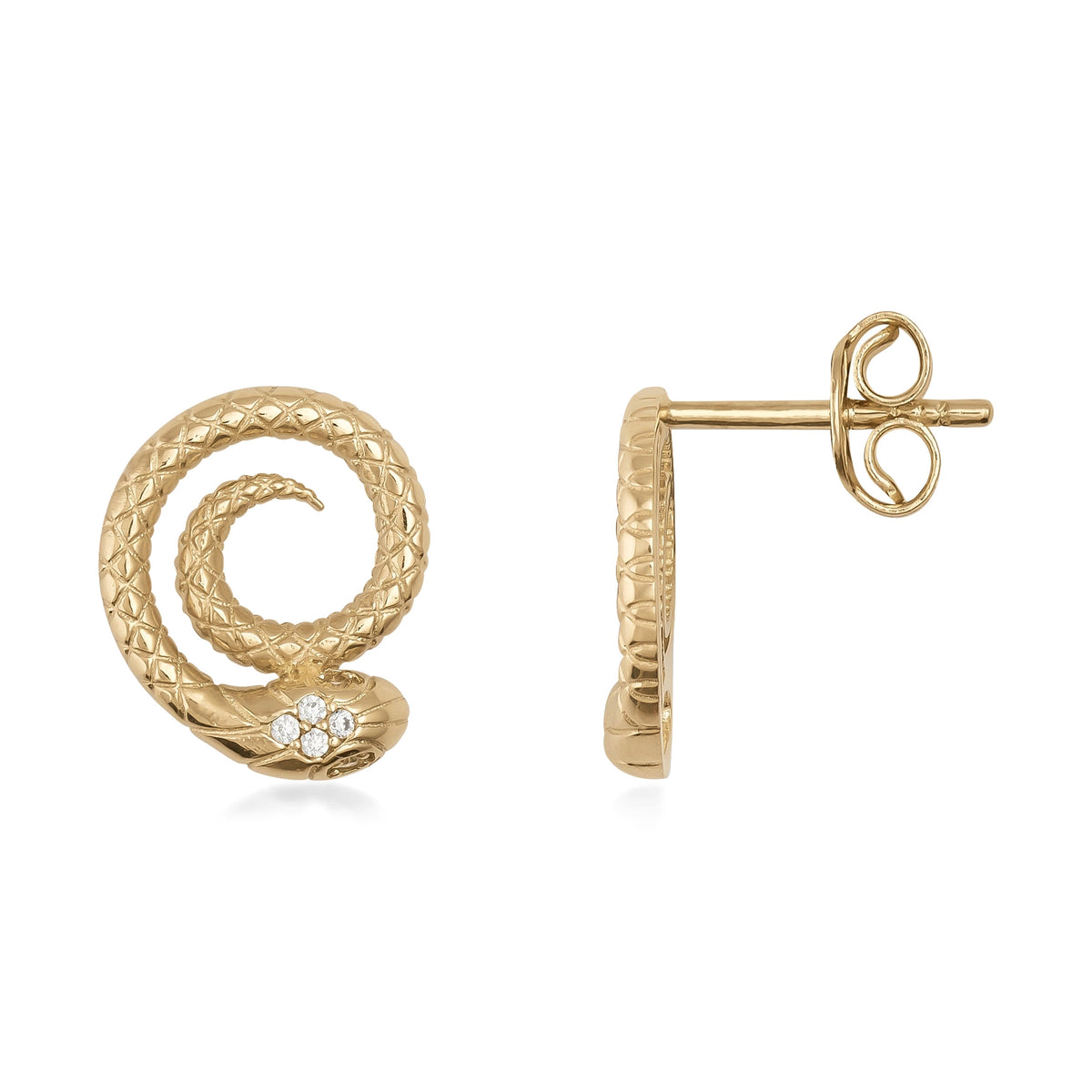 14K gold snake stud earrings with cubic zirconia accents, textured design, luxury jewelry closeup