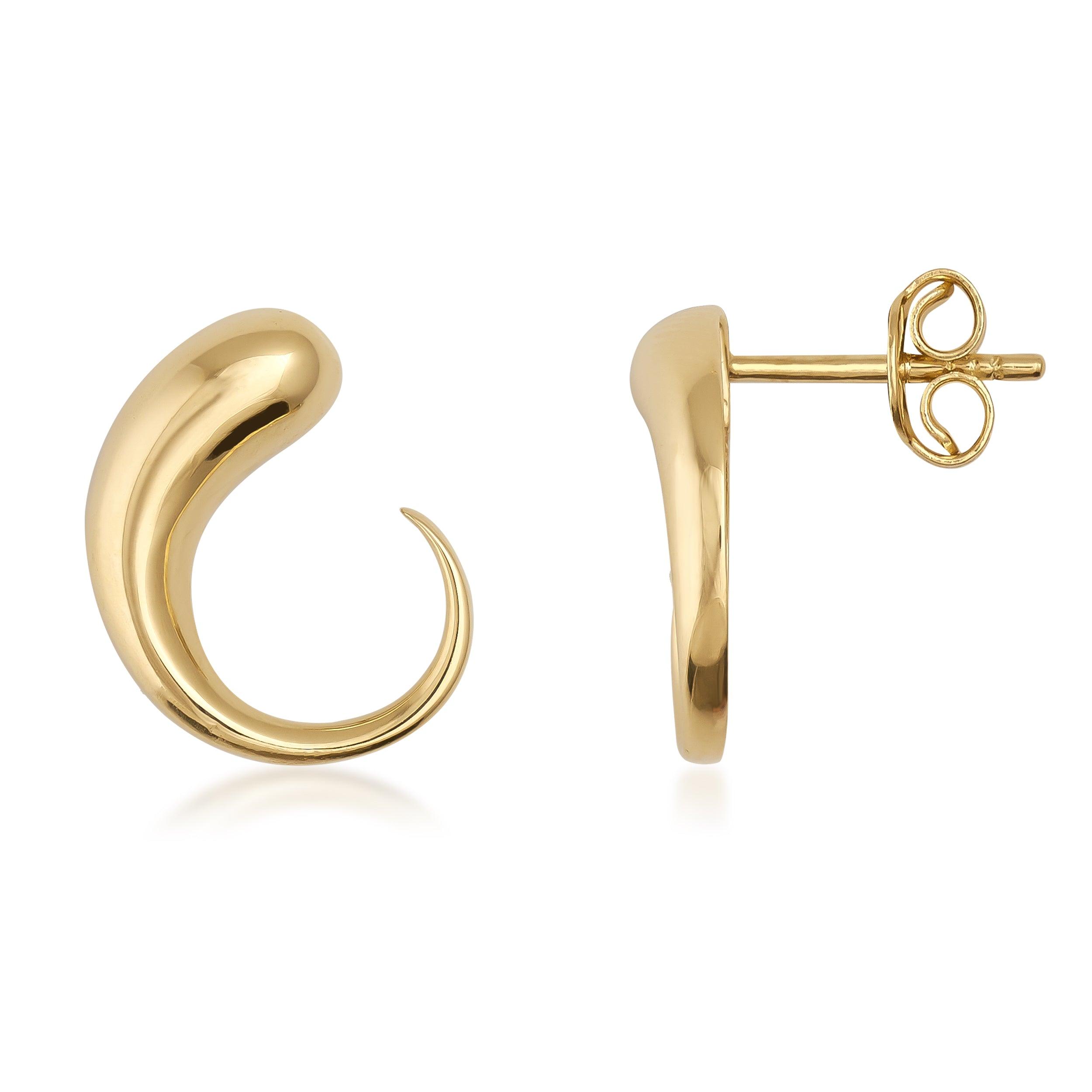 Polished gold earrings with modern curved design on white background