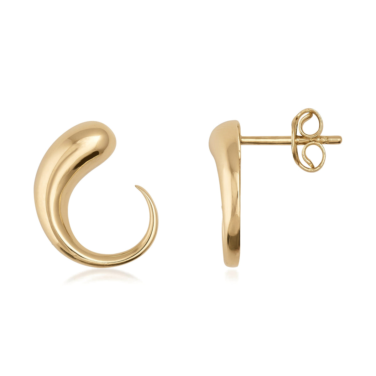 Polished 14K gold earrings with modern curved design on white background