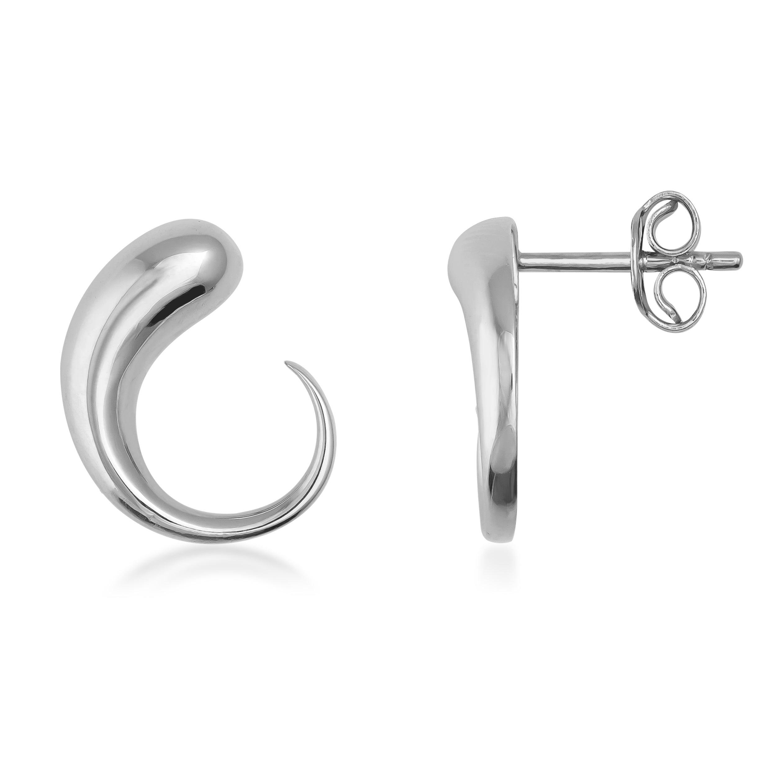 Polished white gold swirl stud earrings with modern curved design on white background