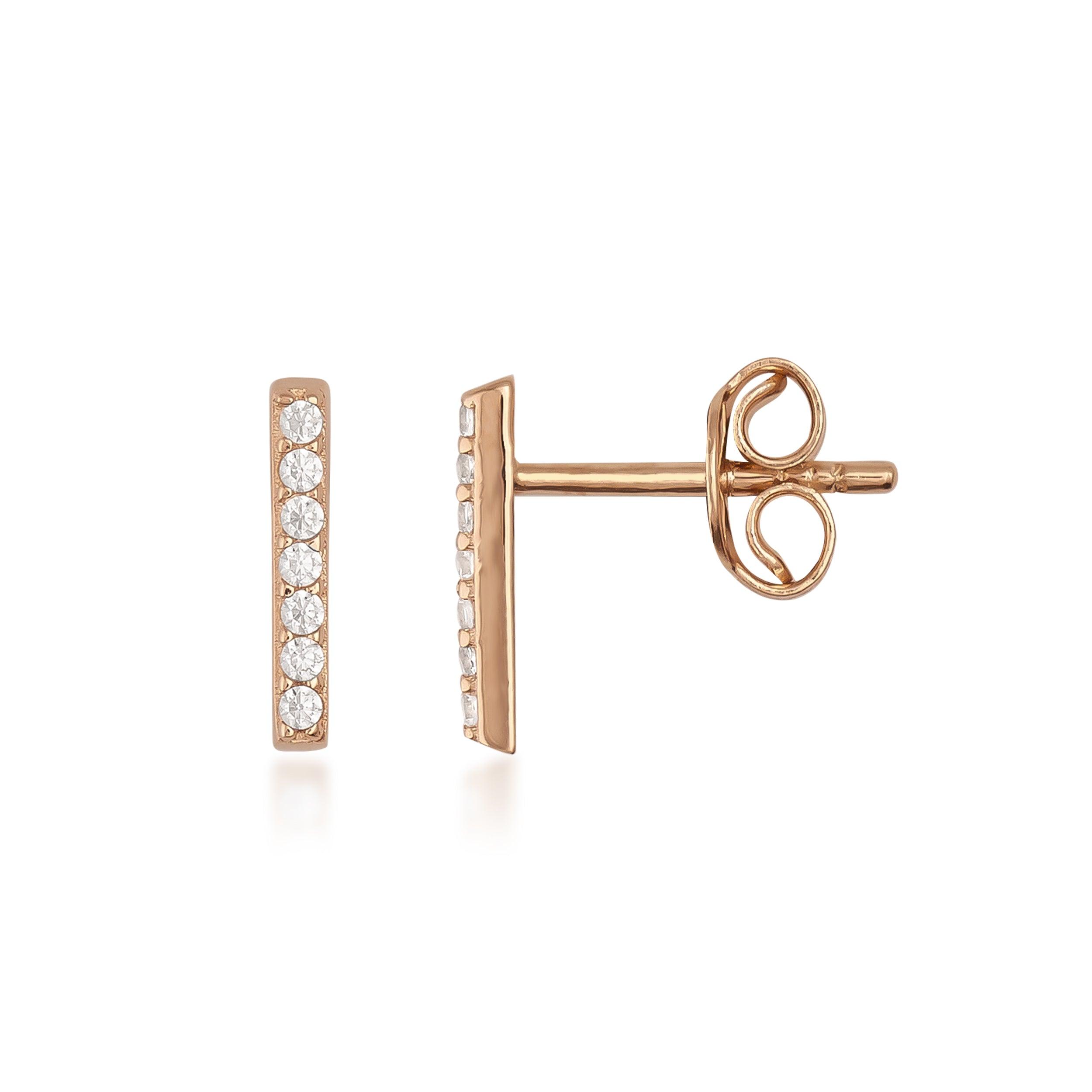 Rose gold bar stud earrings with small round diamonds set in a vertical row