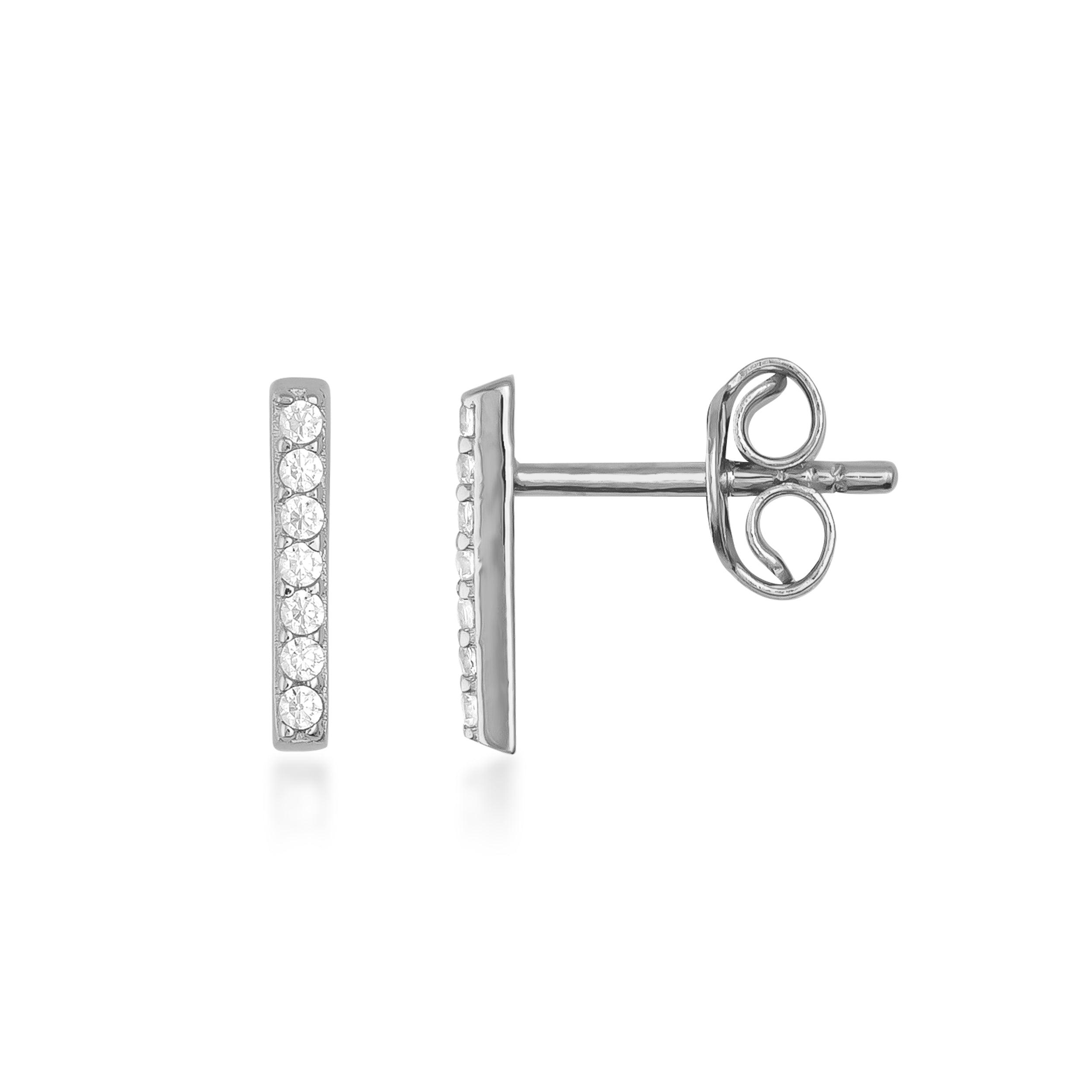 White gold bar stud earrings with small round diamonds, minimalist design on white background