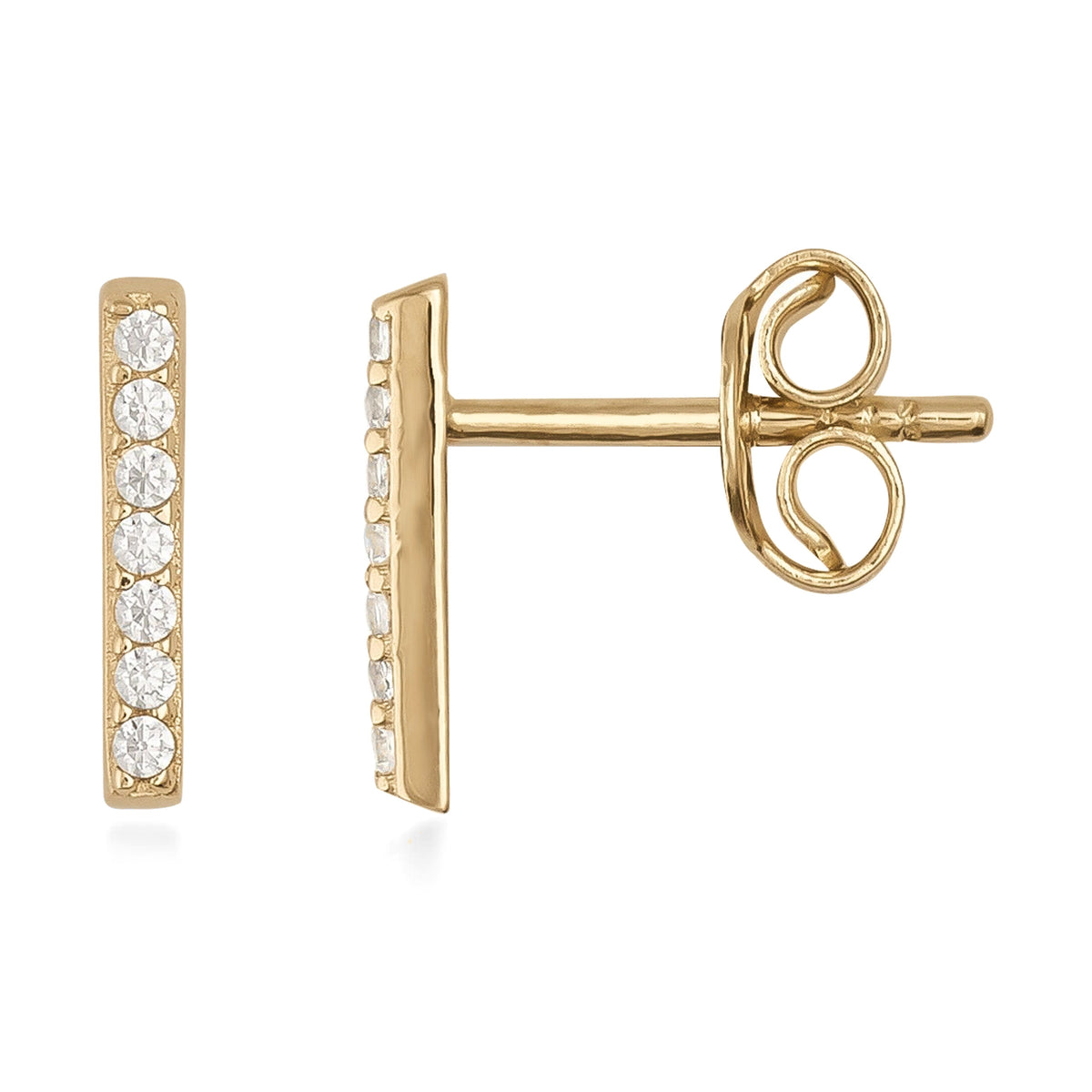 14K gold bar stud earrings with row of clear round cubic zirconia, minimalist jewelry design