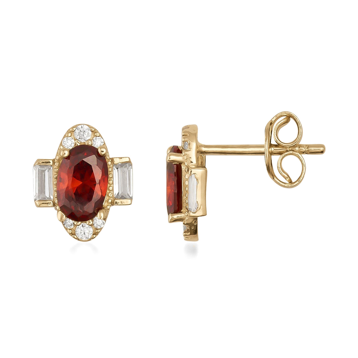 14K gold stud earrings with oval red Simulated Ruby, baguette and round white stones, fine jewelry