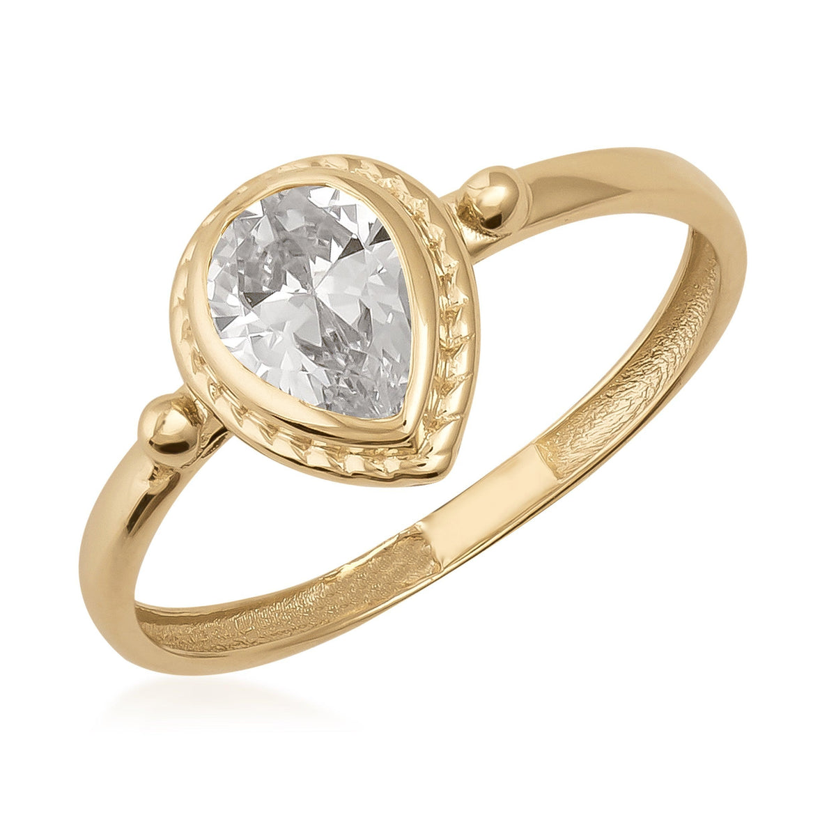 14K gold ring with pear-shaped clear cubic zirconia and ornate detailing on the band