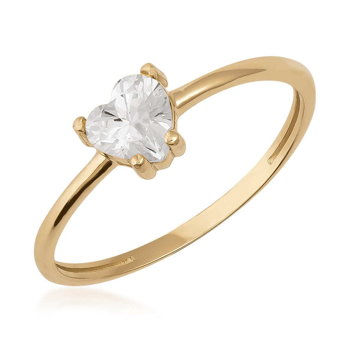 14K gold ring with heart-shaped clear cubic zirconia solitaire on white background