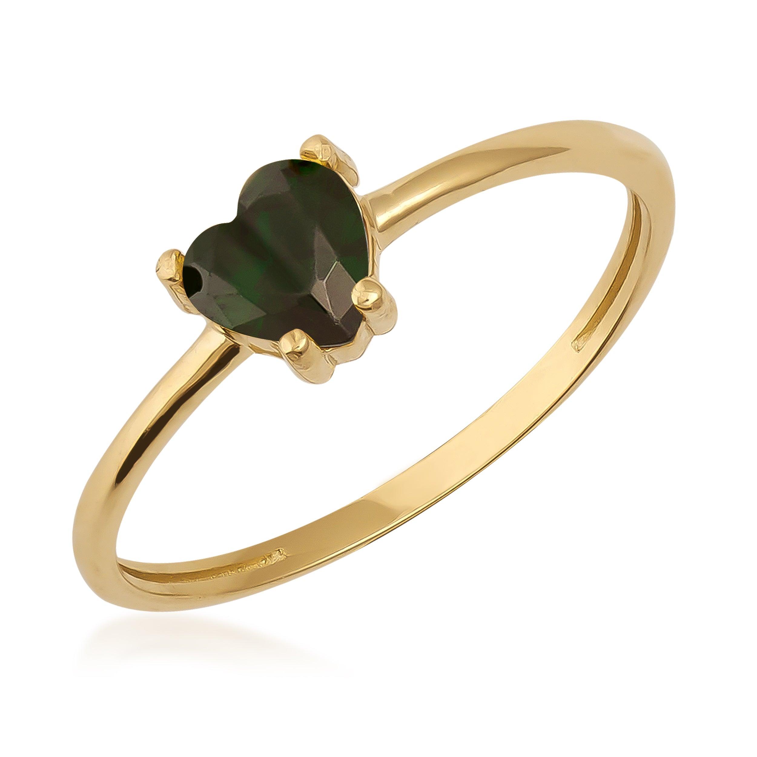 Gold ring with heart-shaped dark green gemstone on white background