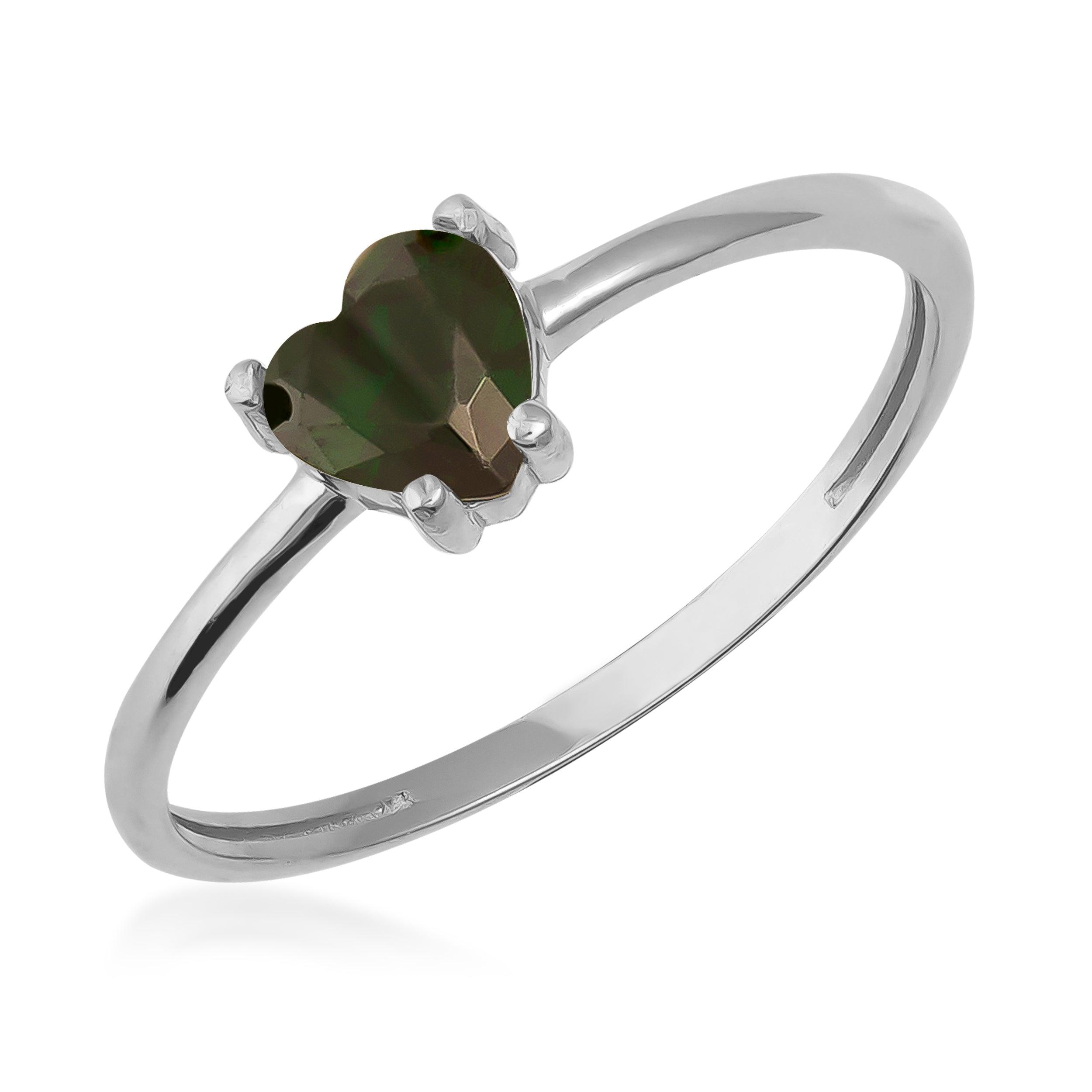 Silver ring with heart-shaped dark green gemstone, minimalist jewelry design