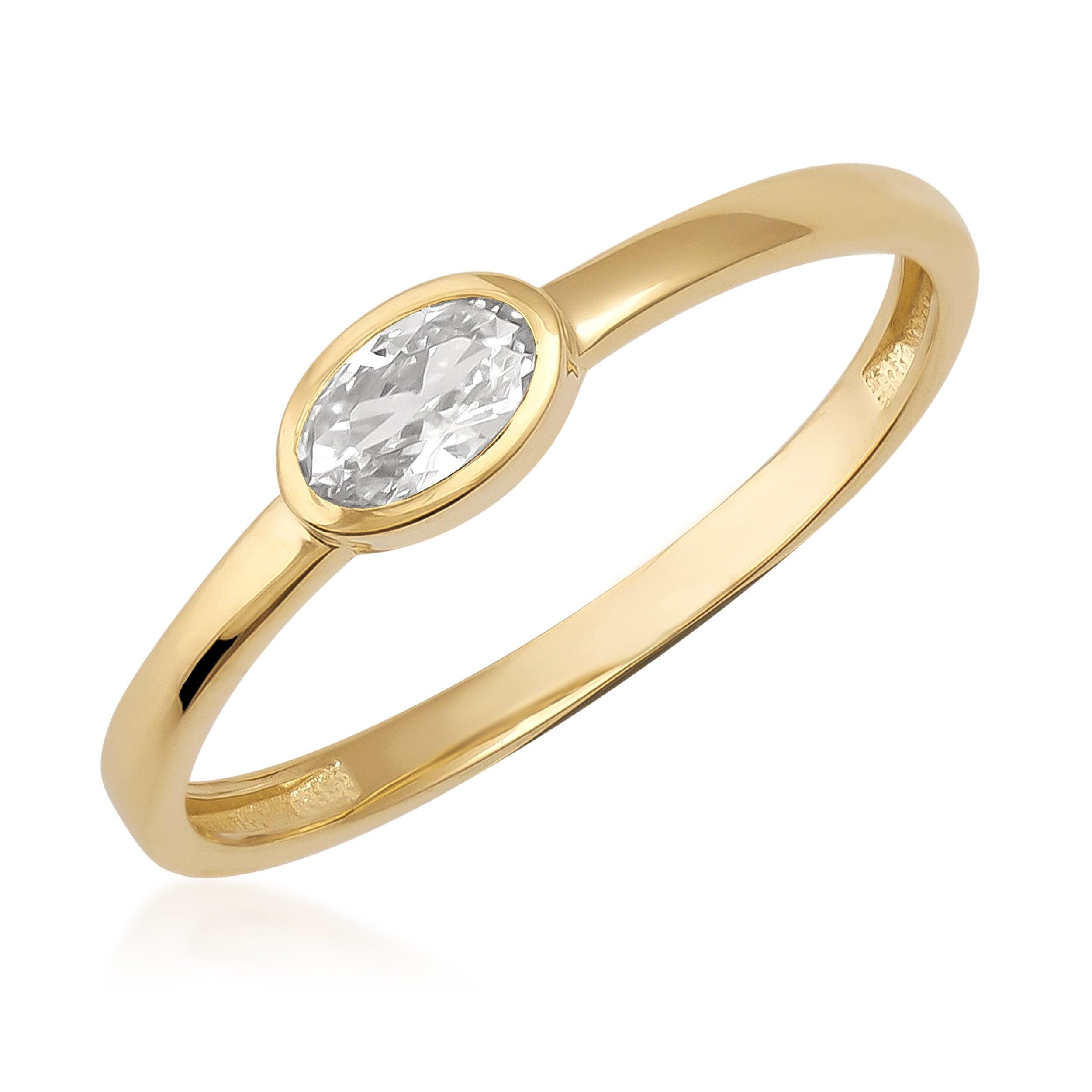 Minimalist gold ring with oval cut clear gemstone on white background