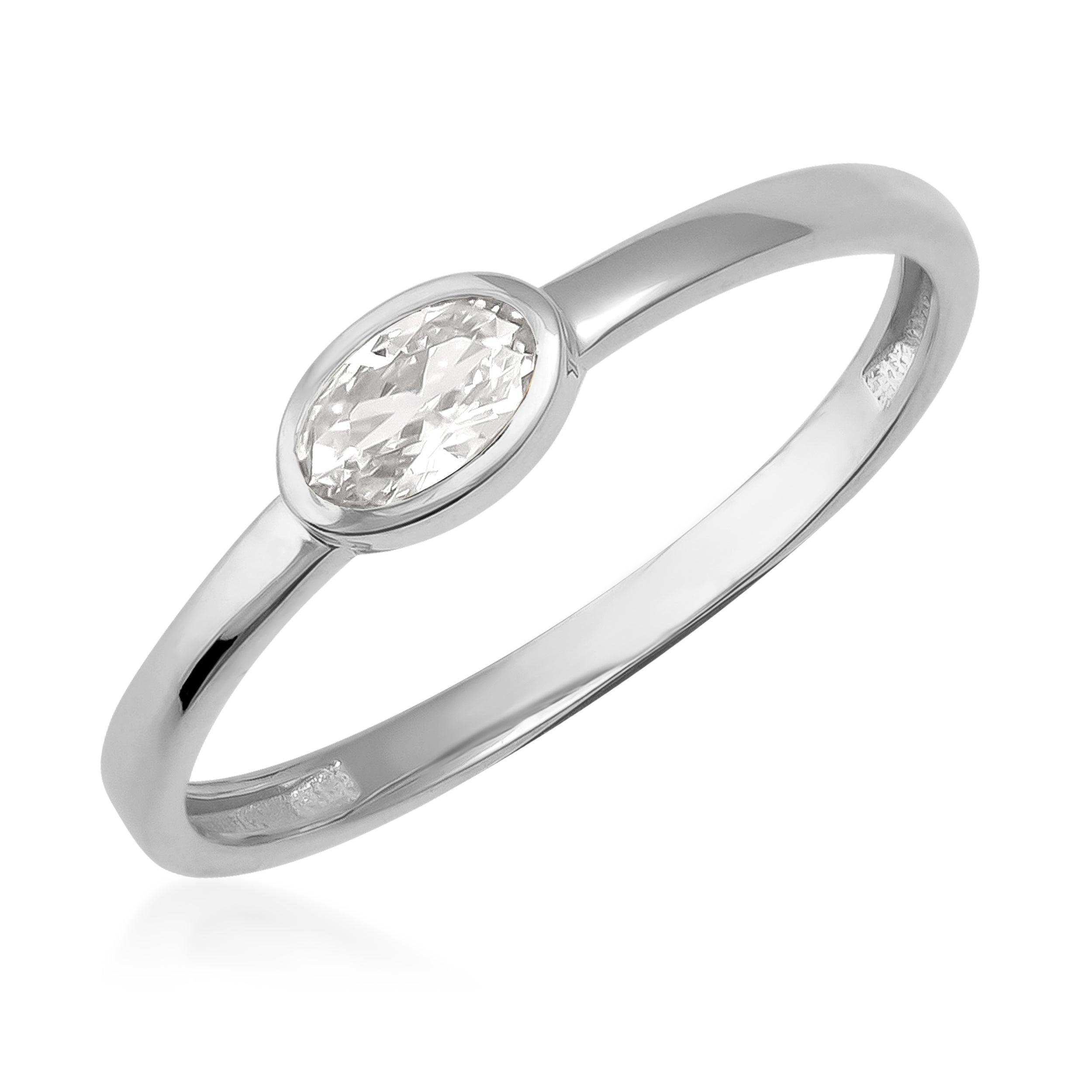 White gold solitaire ring with oval cut diamond on a plain band, fine jewelry closeup