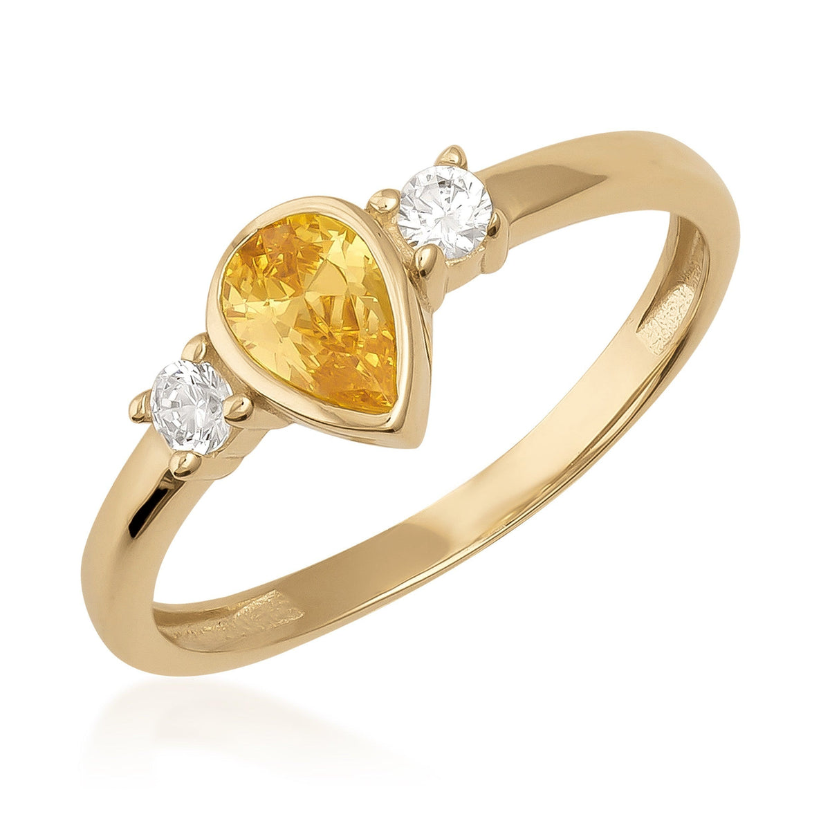14K yellow gold pear-cut simulated citrine ring, bezel-set stone between two cubic zirconia accents, on white