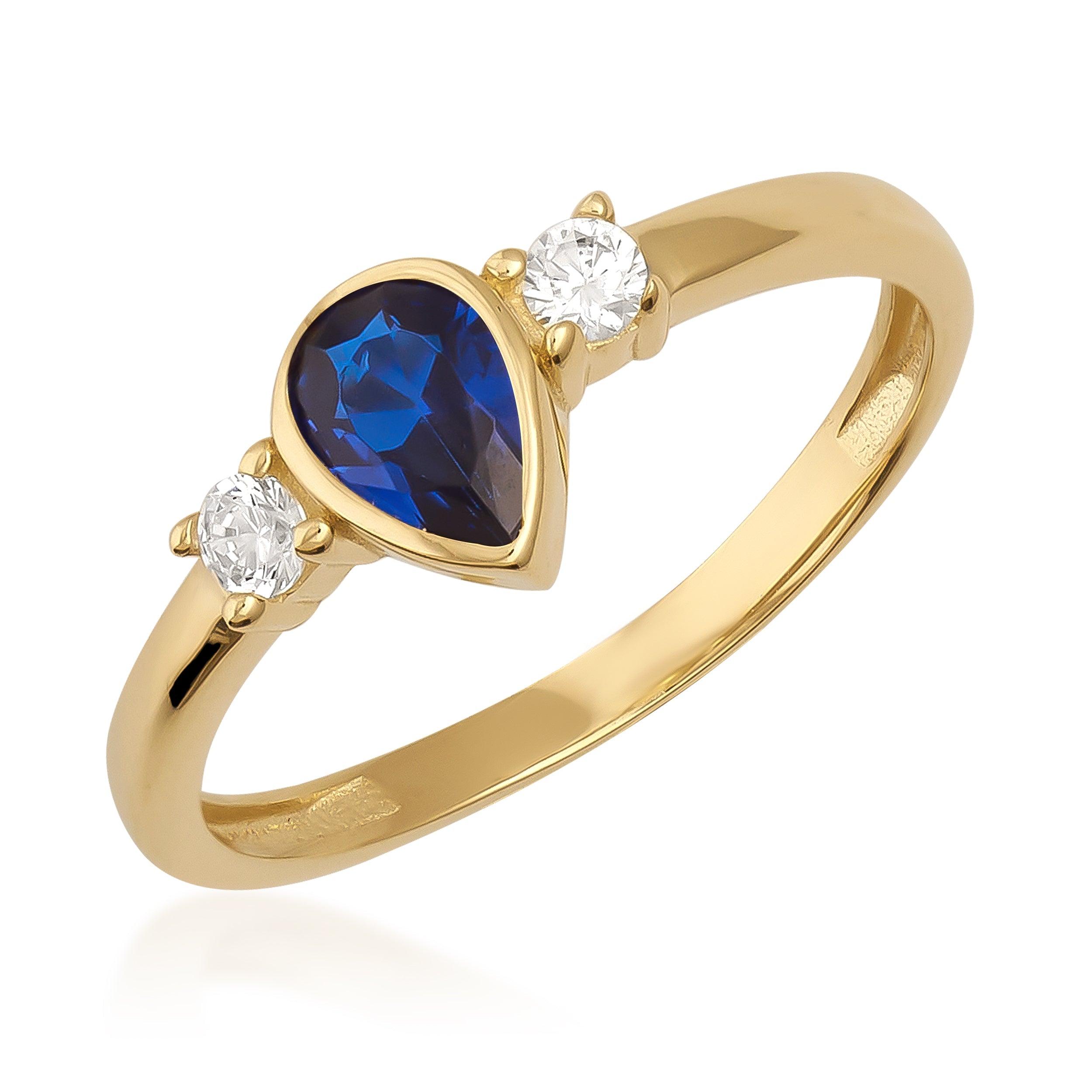 14K solid gold pear-cut sapphire vintage ring in yellow gold