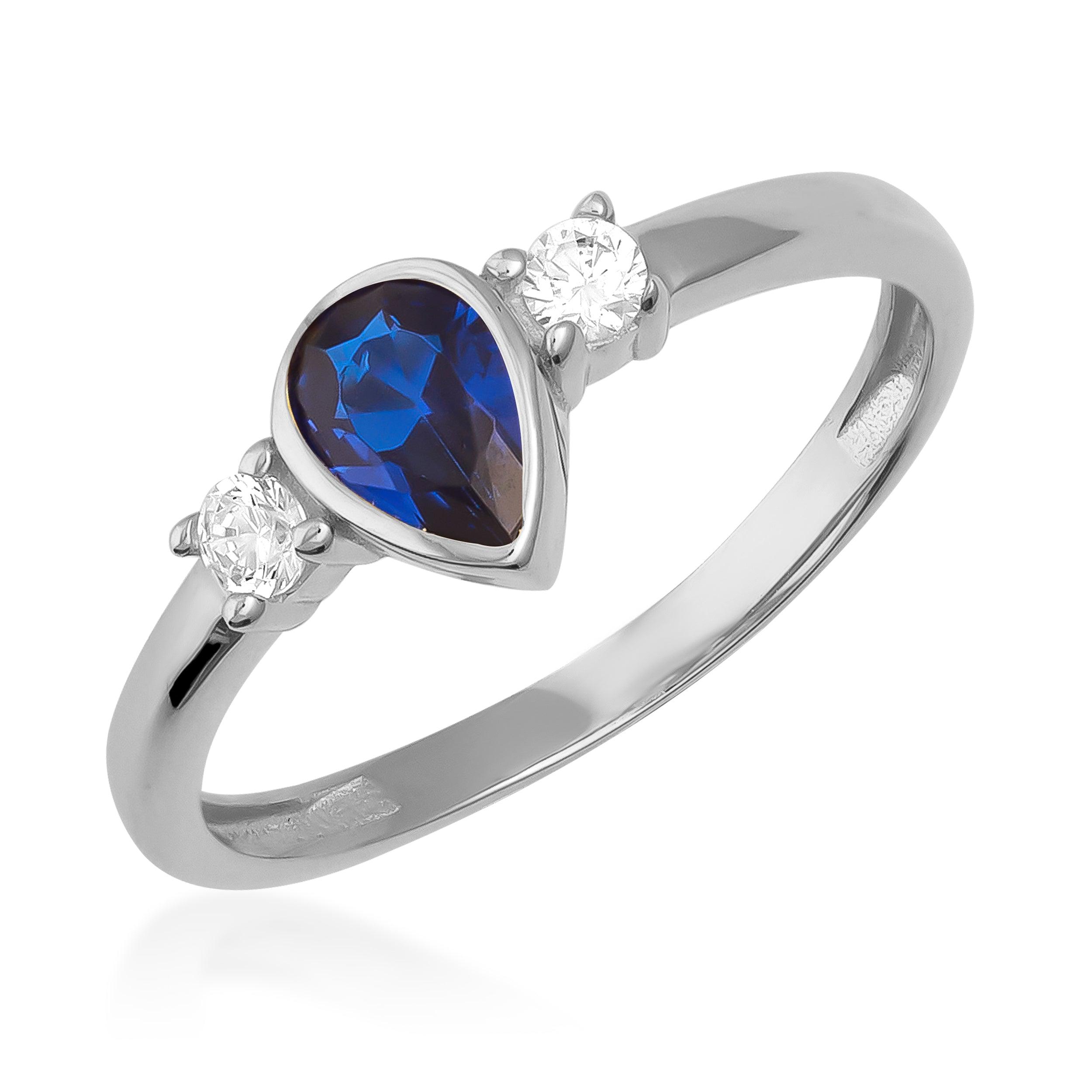 14K solid gold pear-cut sapphire vintage ring in white gold