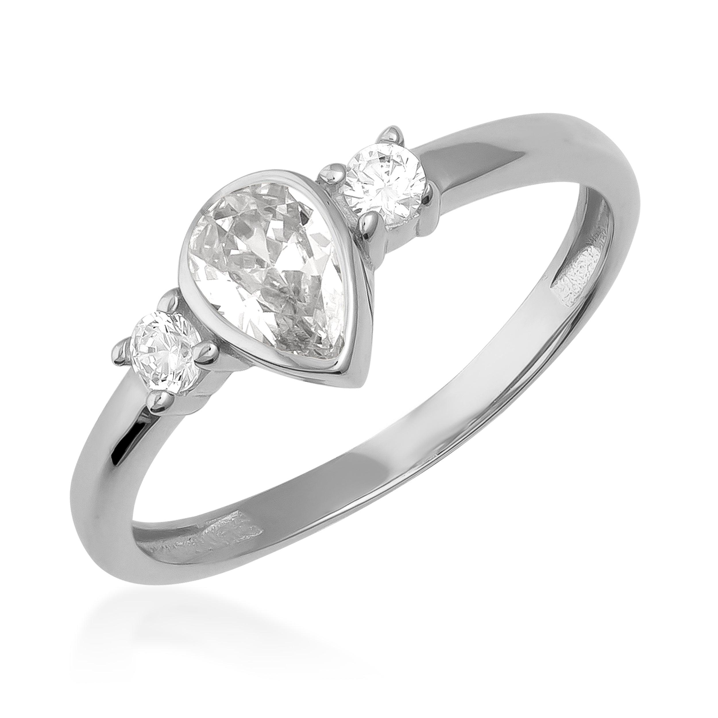White gold ring with pear-shaped center diamond and two round side diamonds