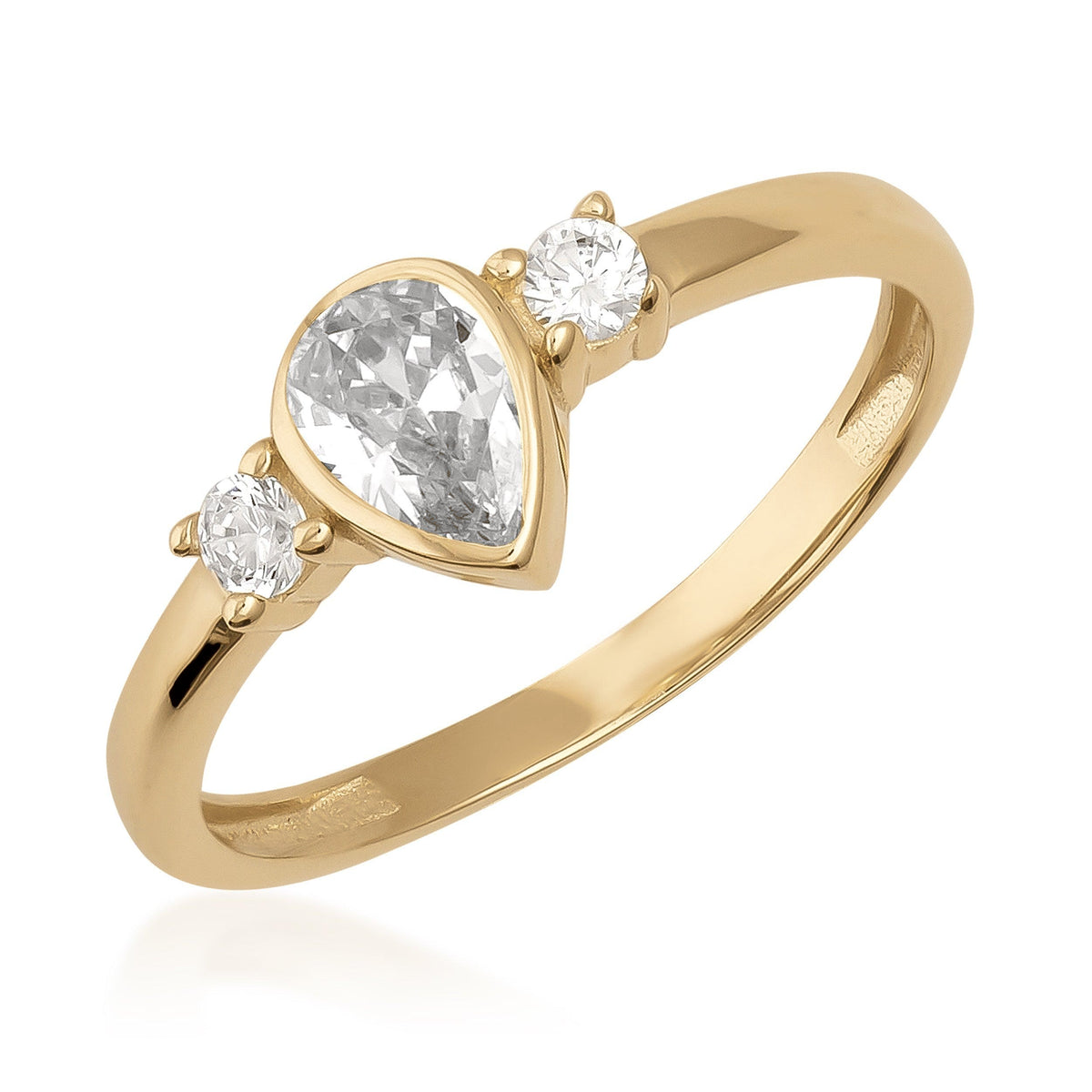 14K gold ring with pear-shaped center stone and two round side stones on white background