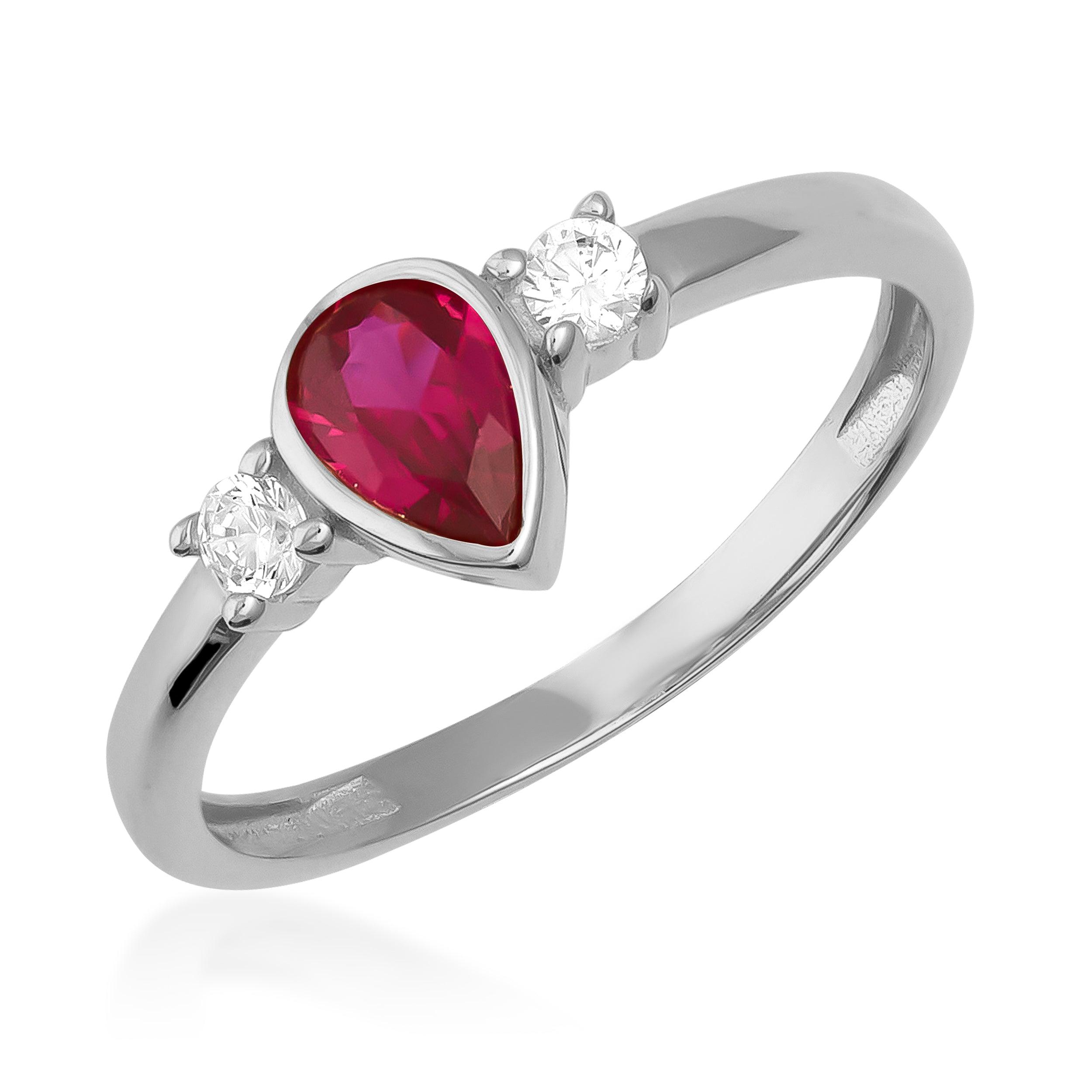 14K solid gold pear-cut ruby vintage ring in white gold