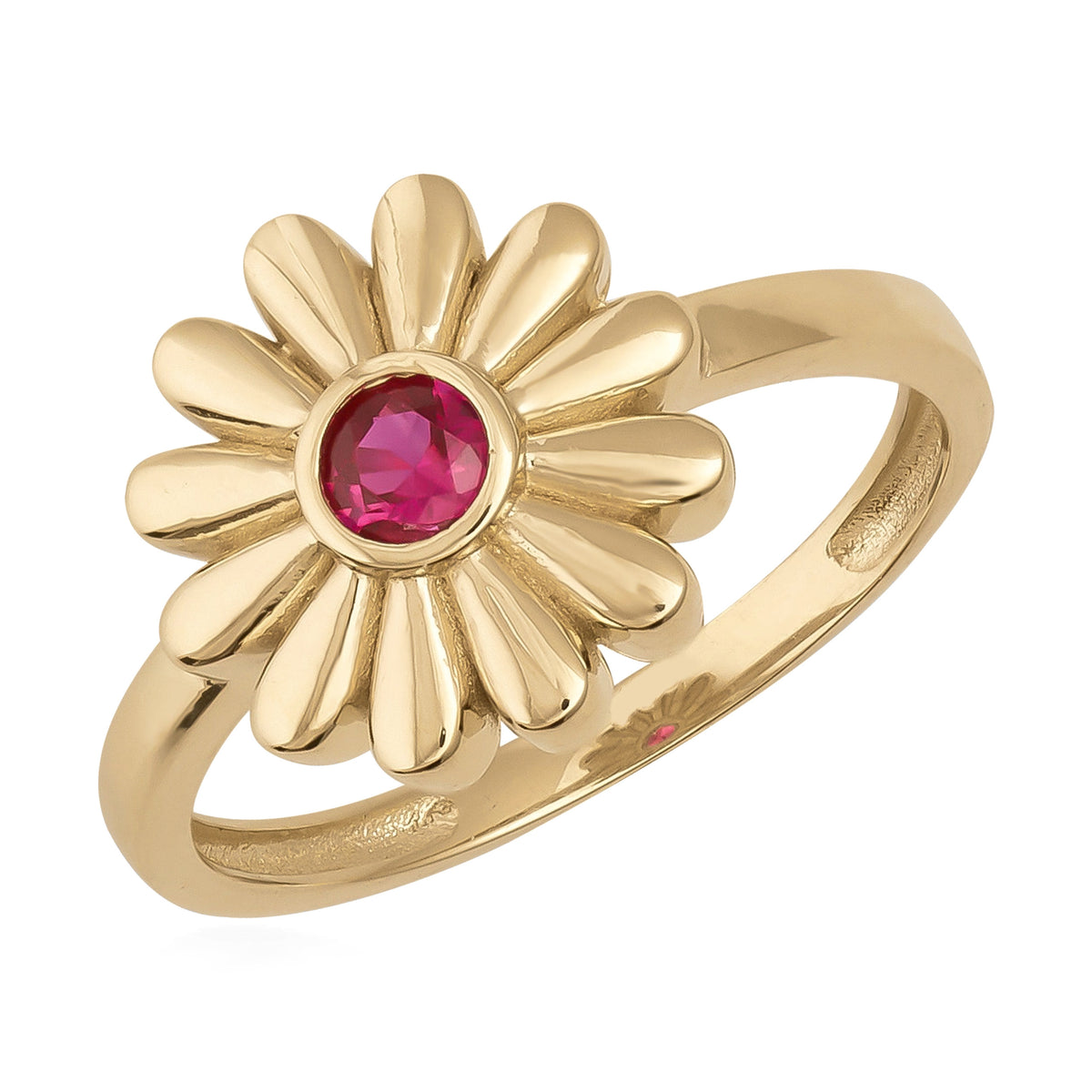 14K gold daisy flower ring with a round red Simulated Ruby center on a white background