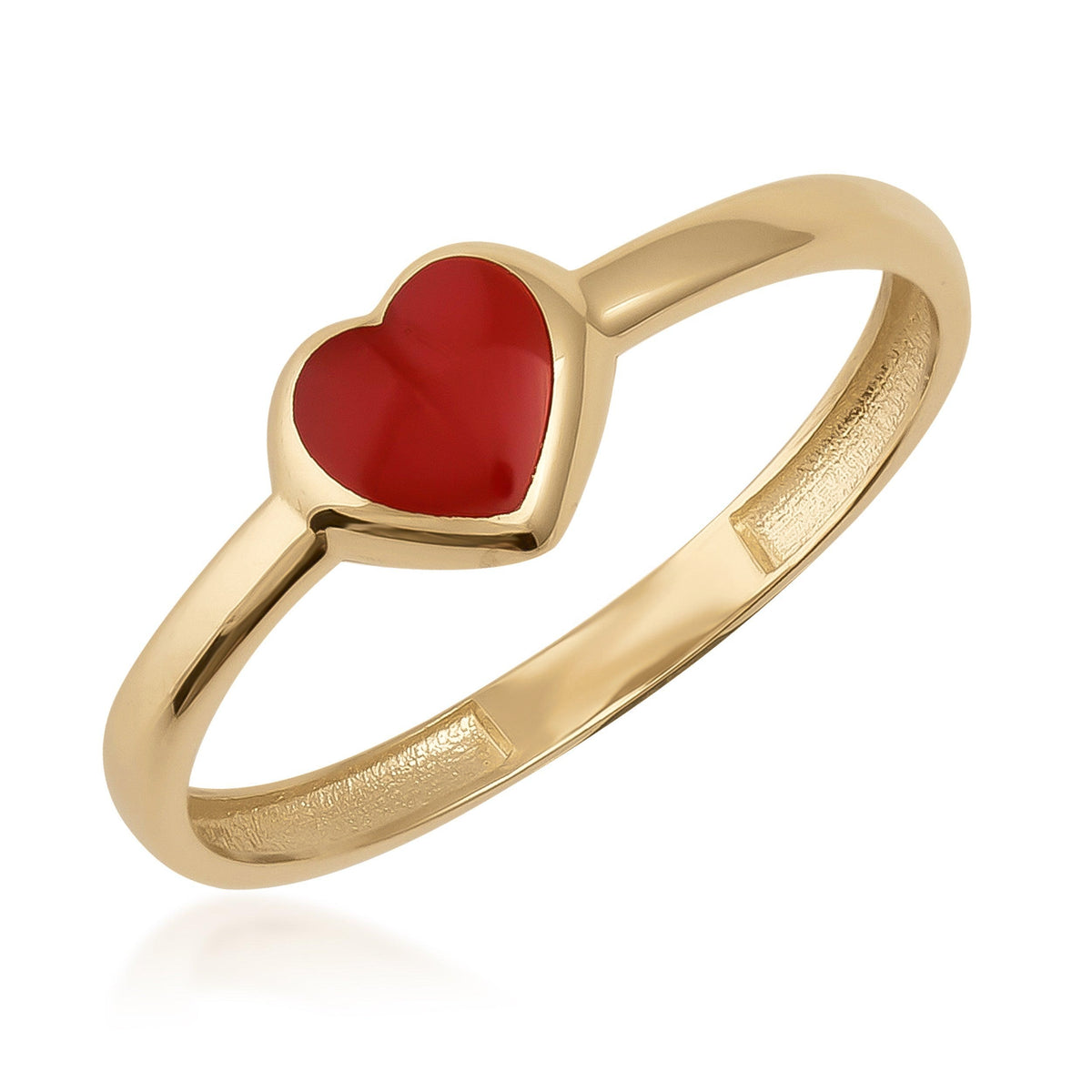 14K gold ring with red heart-shaped enamel on white background
