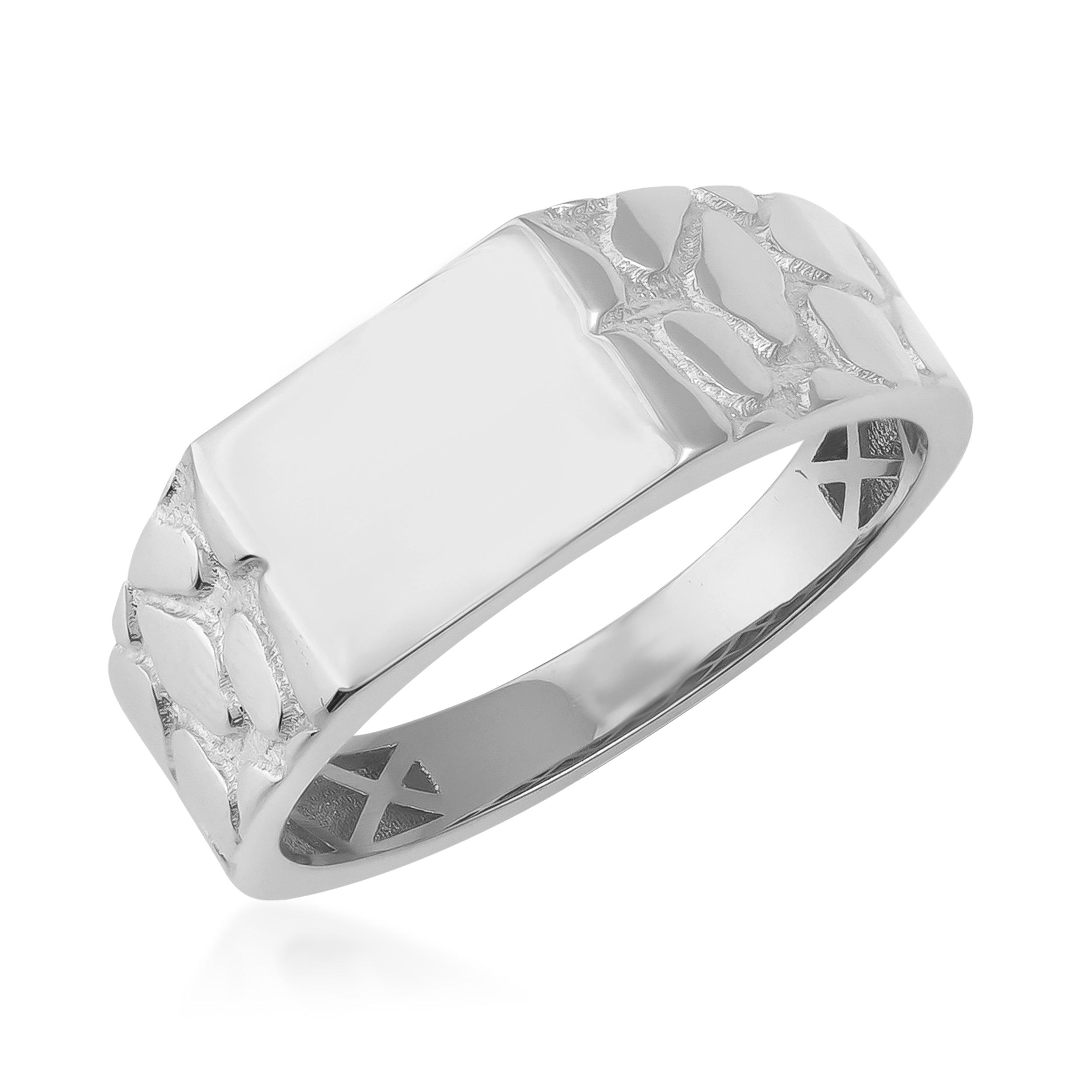 White gold ring with textured sides and polished rectangular top, elegant men's jewelry