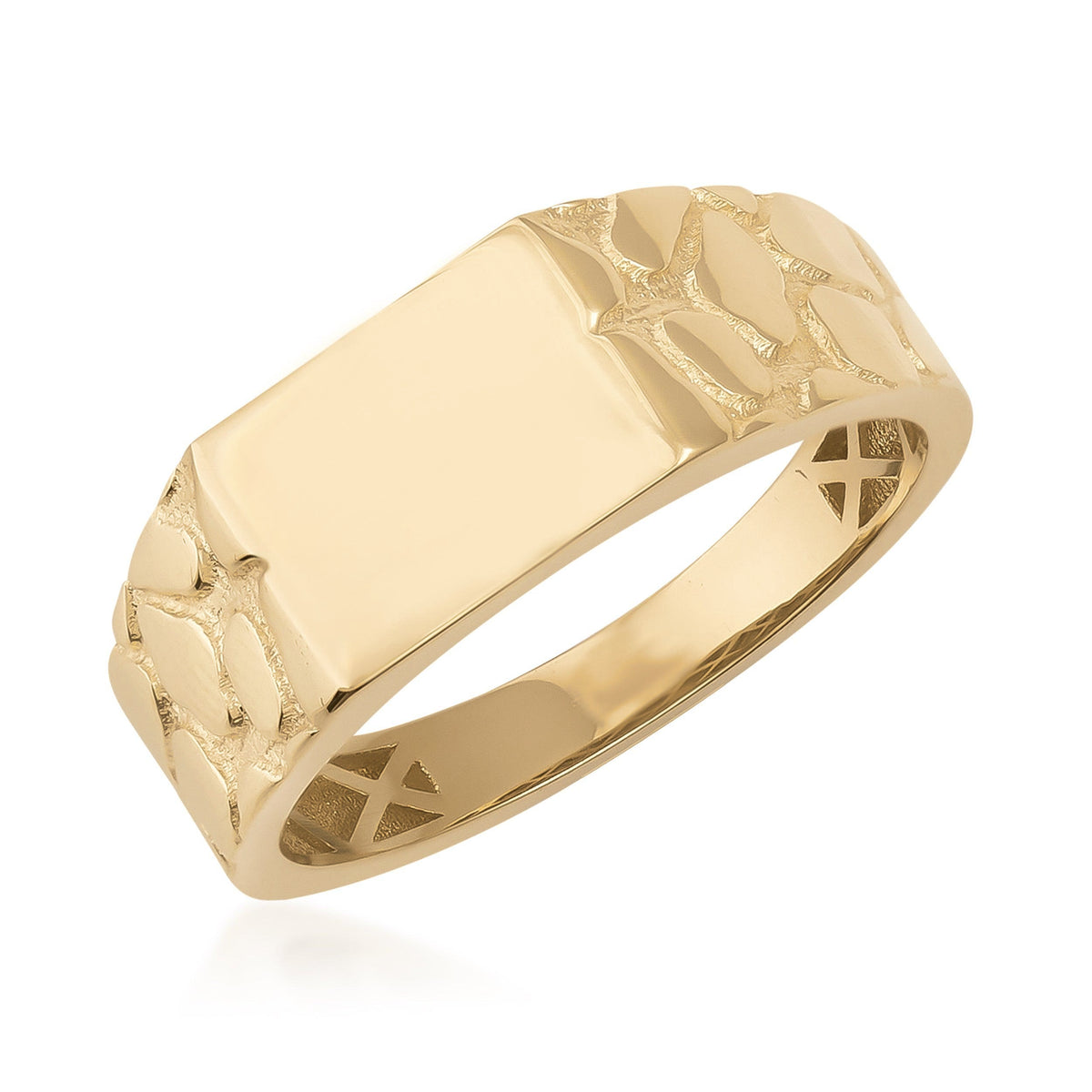 Polished 14K gold ring with textured geometric details, elegant men's jewelry accessory