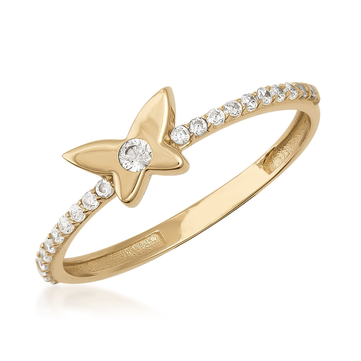14K gold ring with butterfly design and small round cubic zirconia on band