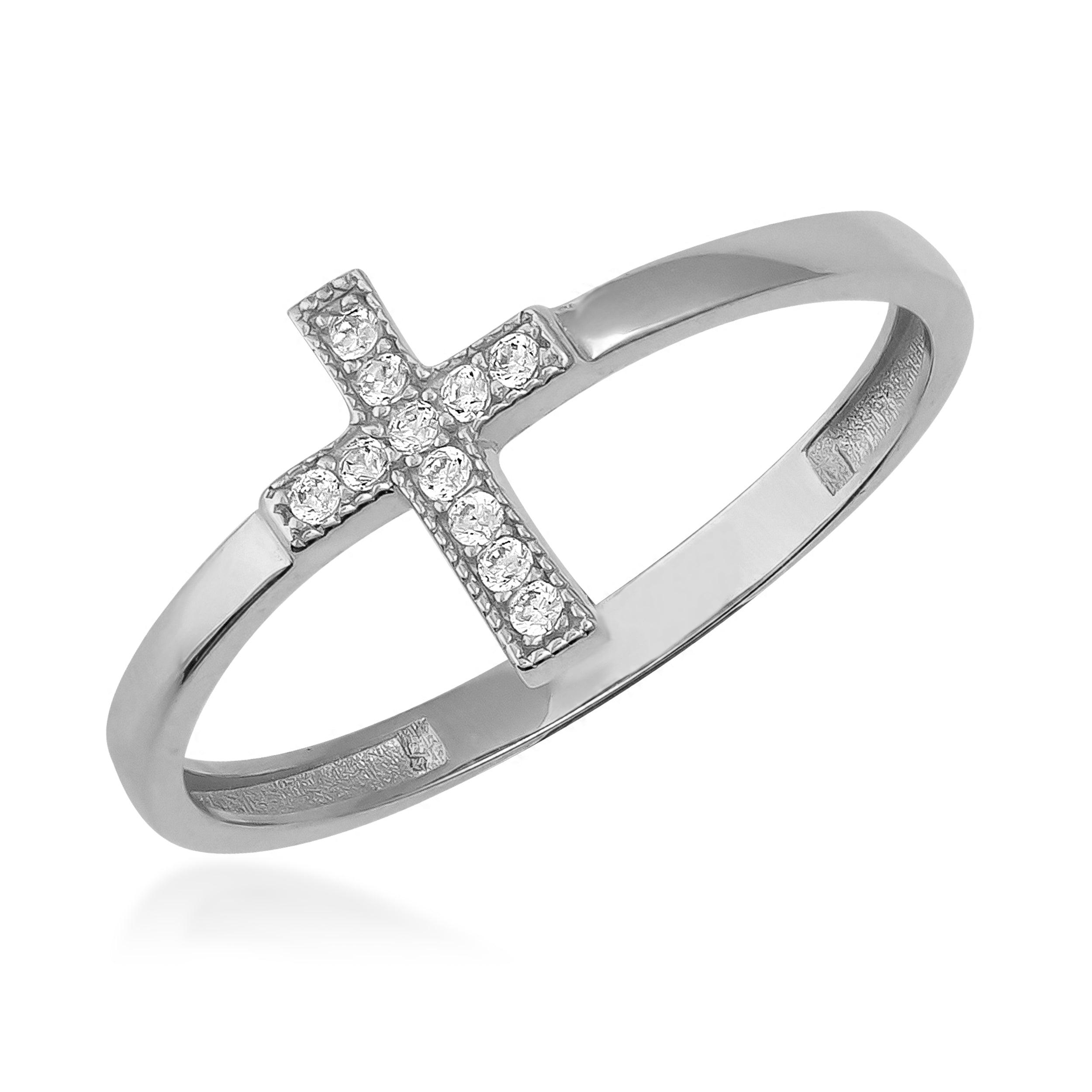 White gold cross ring with pavé diamonds on a plain band, elegant jewelry design