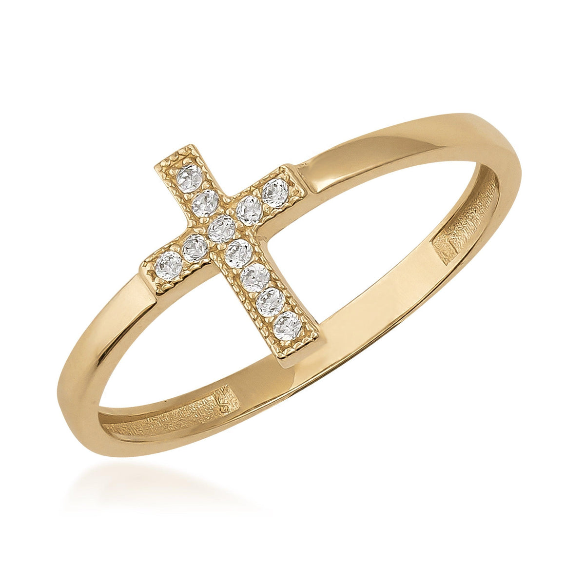 14K gold ring with a cross design set with round clear cubic zirconia on white background